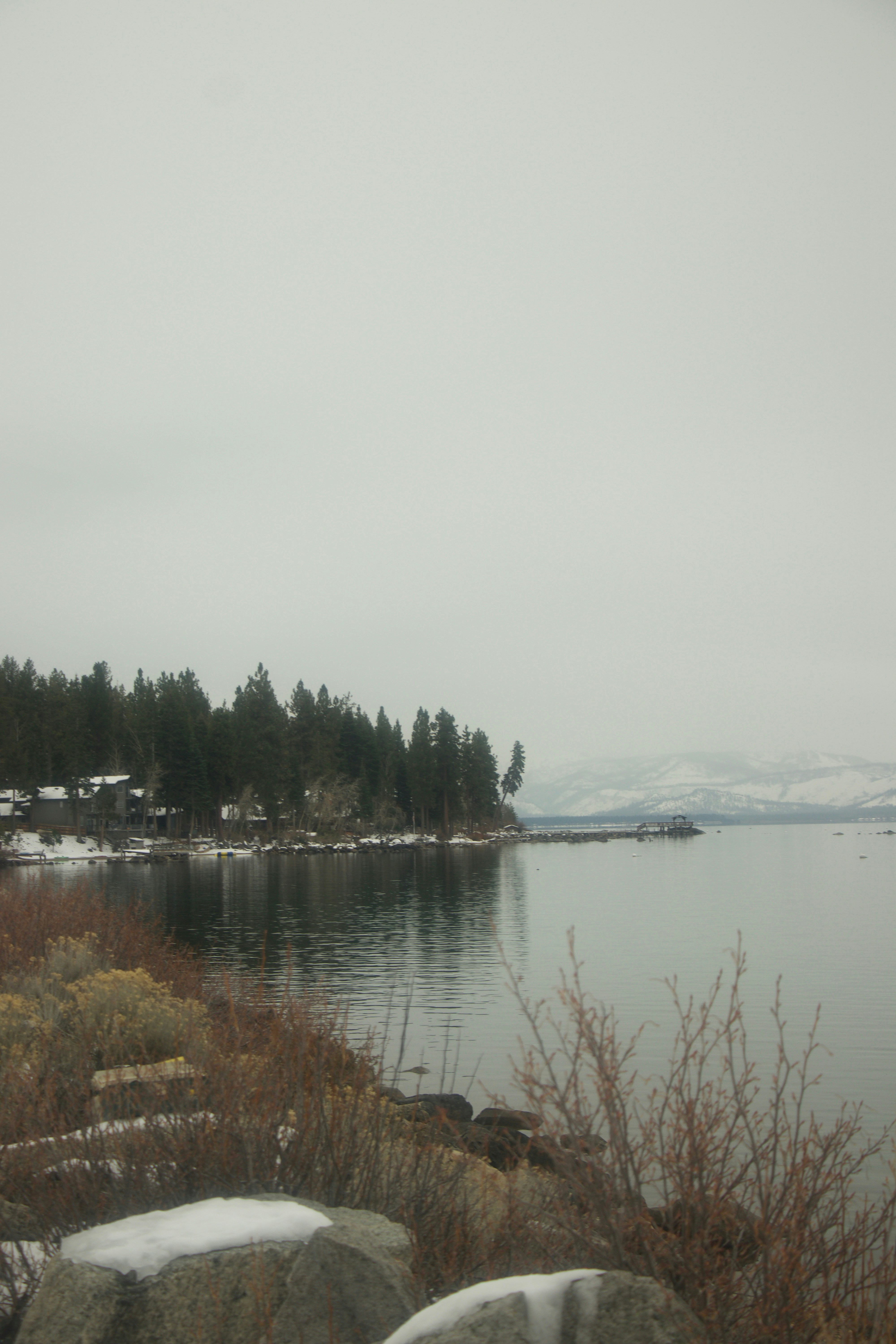 A calm lake surrounded by pine trees and snow.