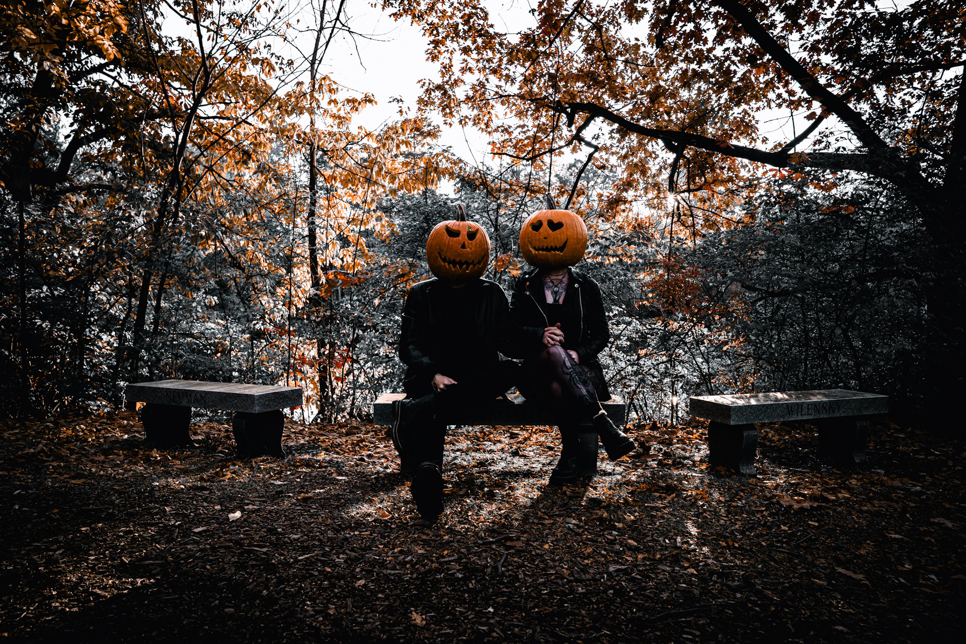 Two people with pumpkin heads sitting on a bench