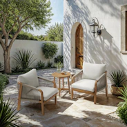 Two white cushioned chairs and table on patio.