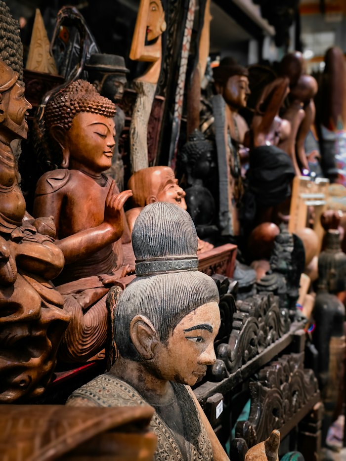 Hand-carved wooden statues and figures
