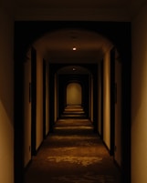 Dim hotel hallway with arched doorways and patterned carpet
