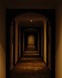Dim hotel hallway with arched doorways and patterned carpet