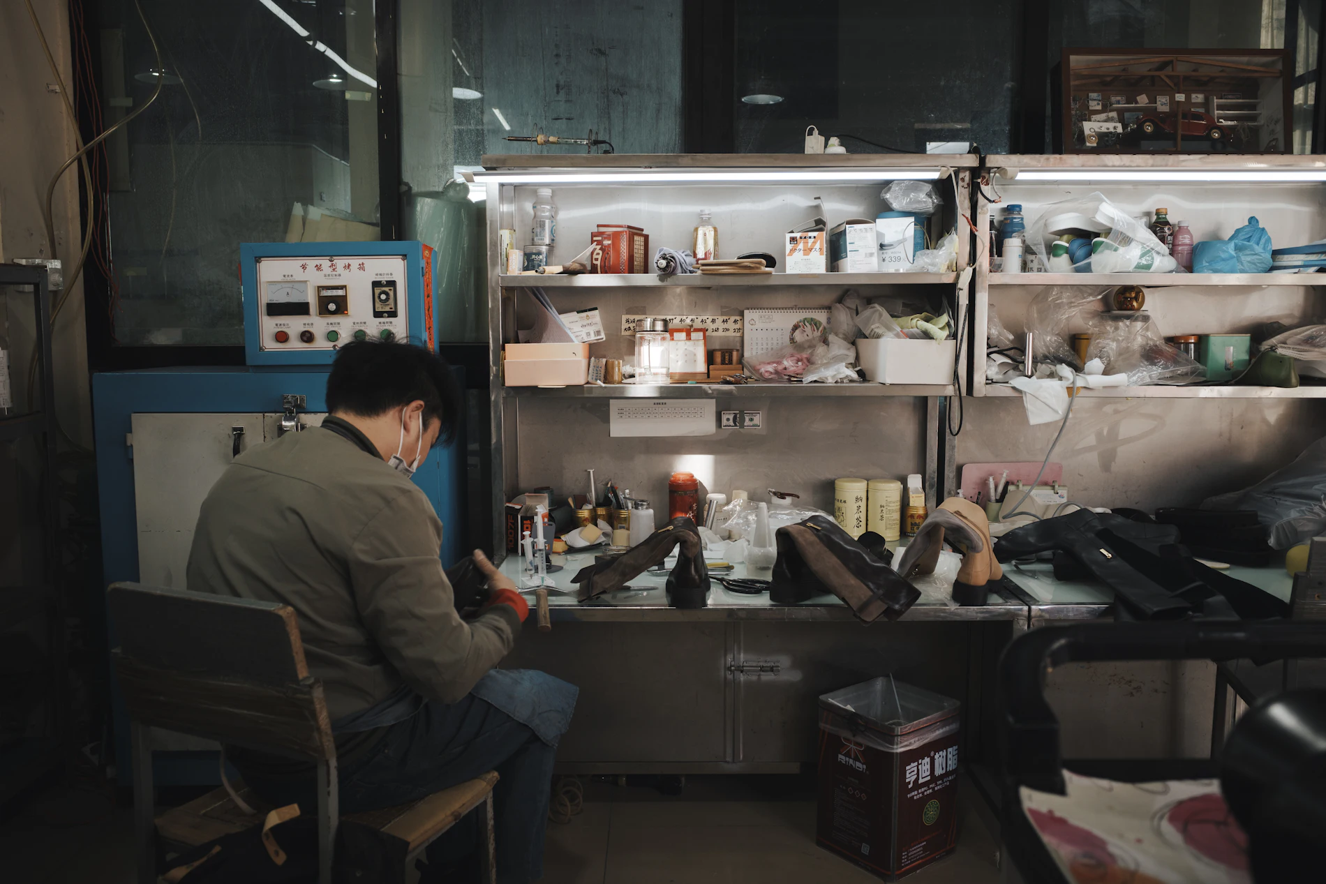 A workbench of lasts, tools and components