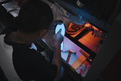 Person examining a glowing blue object under light.