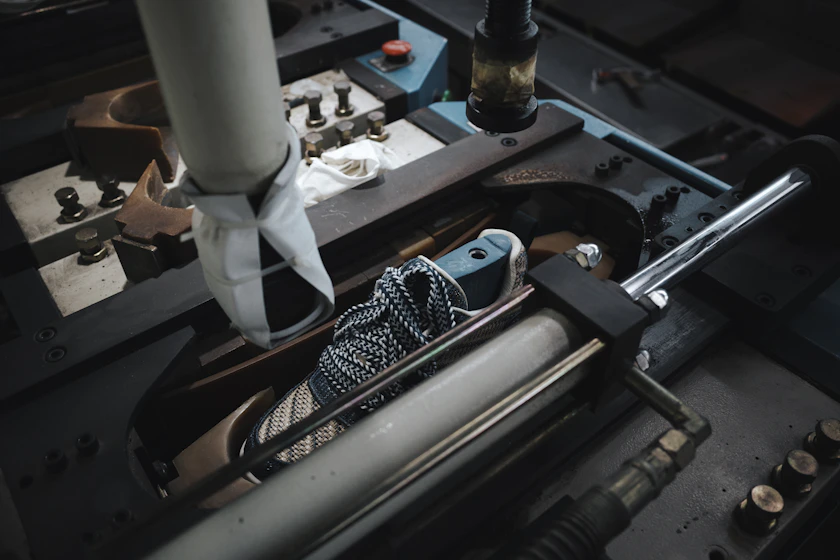 A patterned trainer upper clamped in a press on the line of a shoe factory.