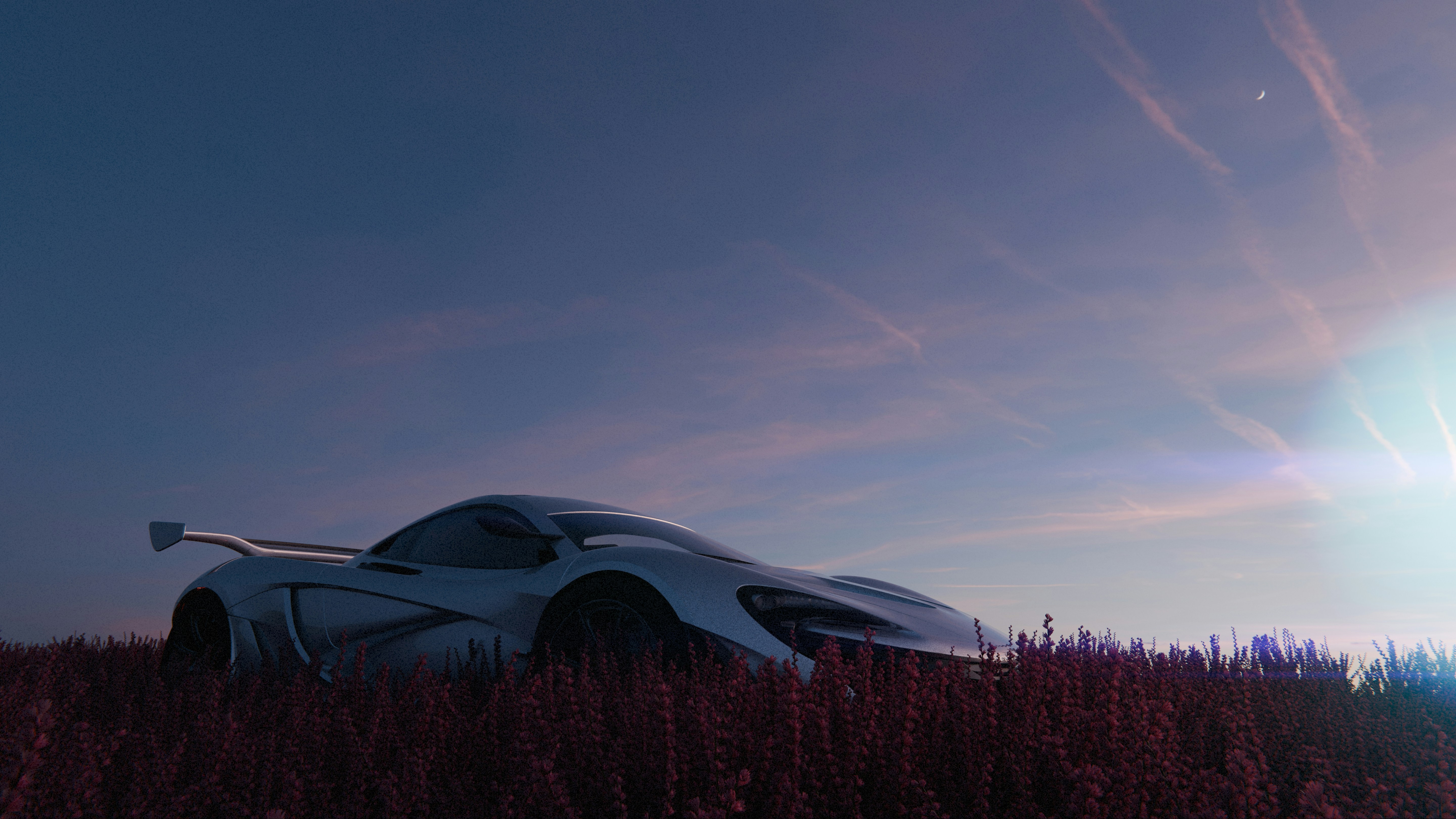 Silver sports car parked in a field at sunset