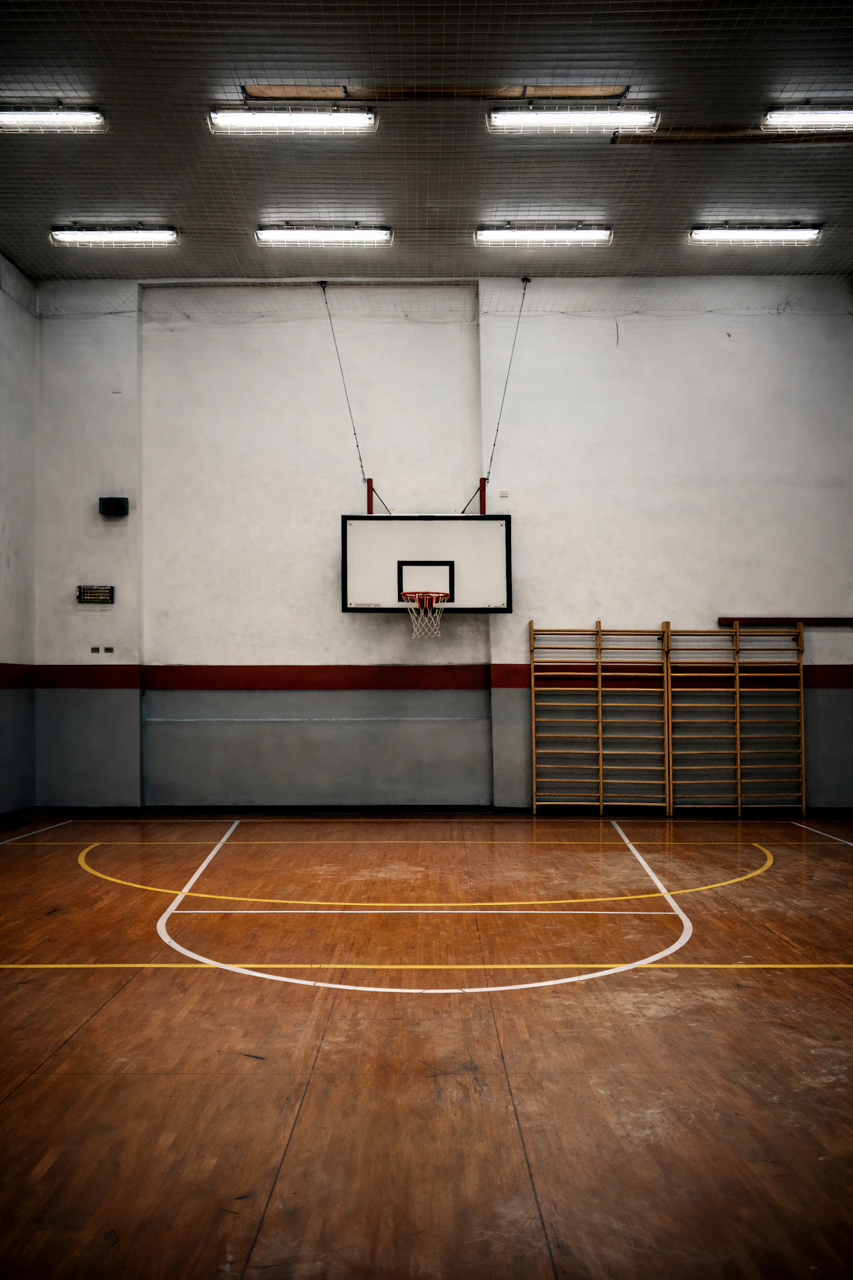 Leere Sporthalle mit Holzparkett und Korbanlage