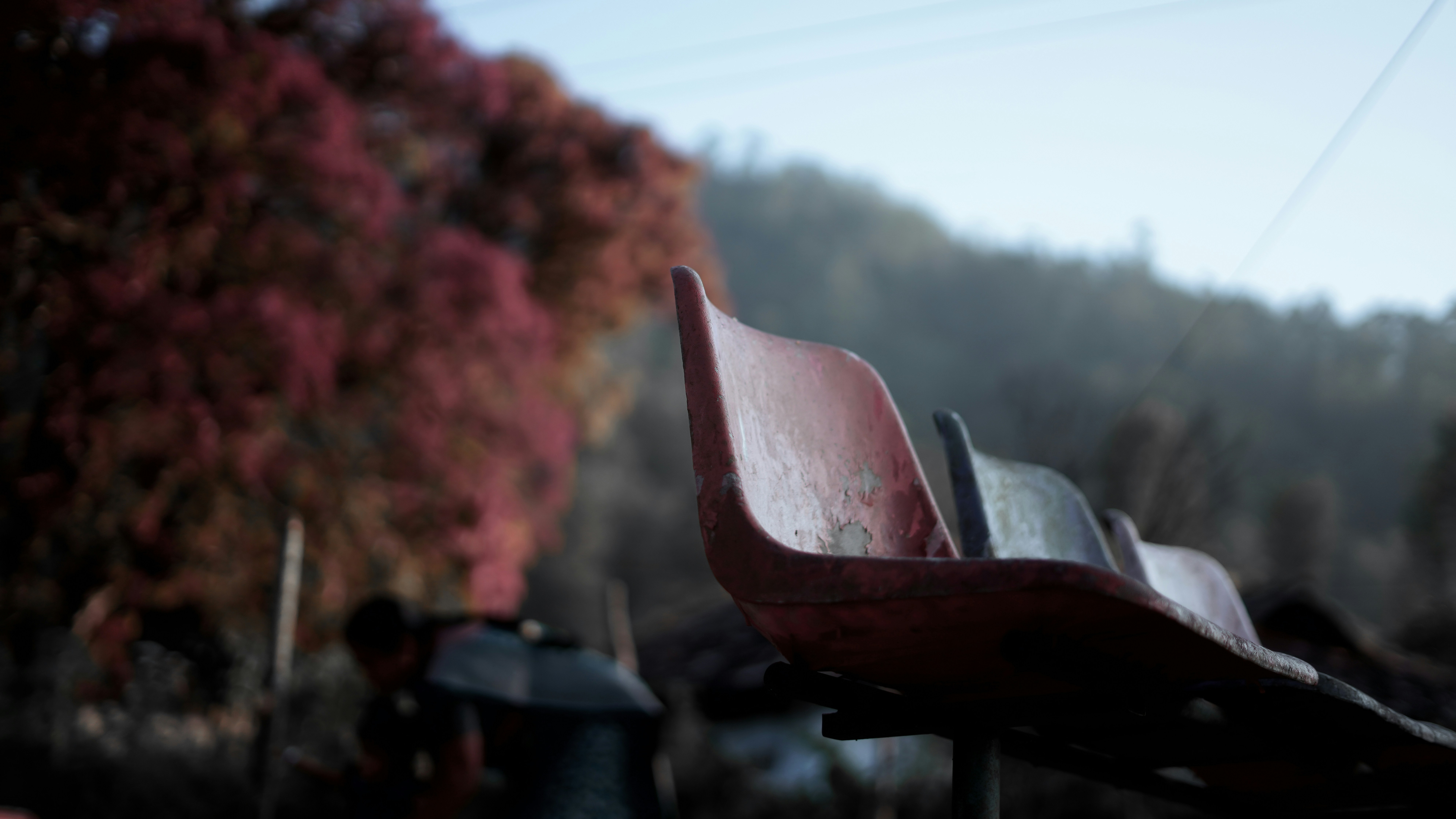 Empty red seats with autumn foliage in background