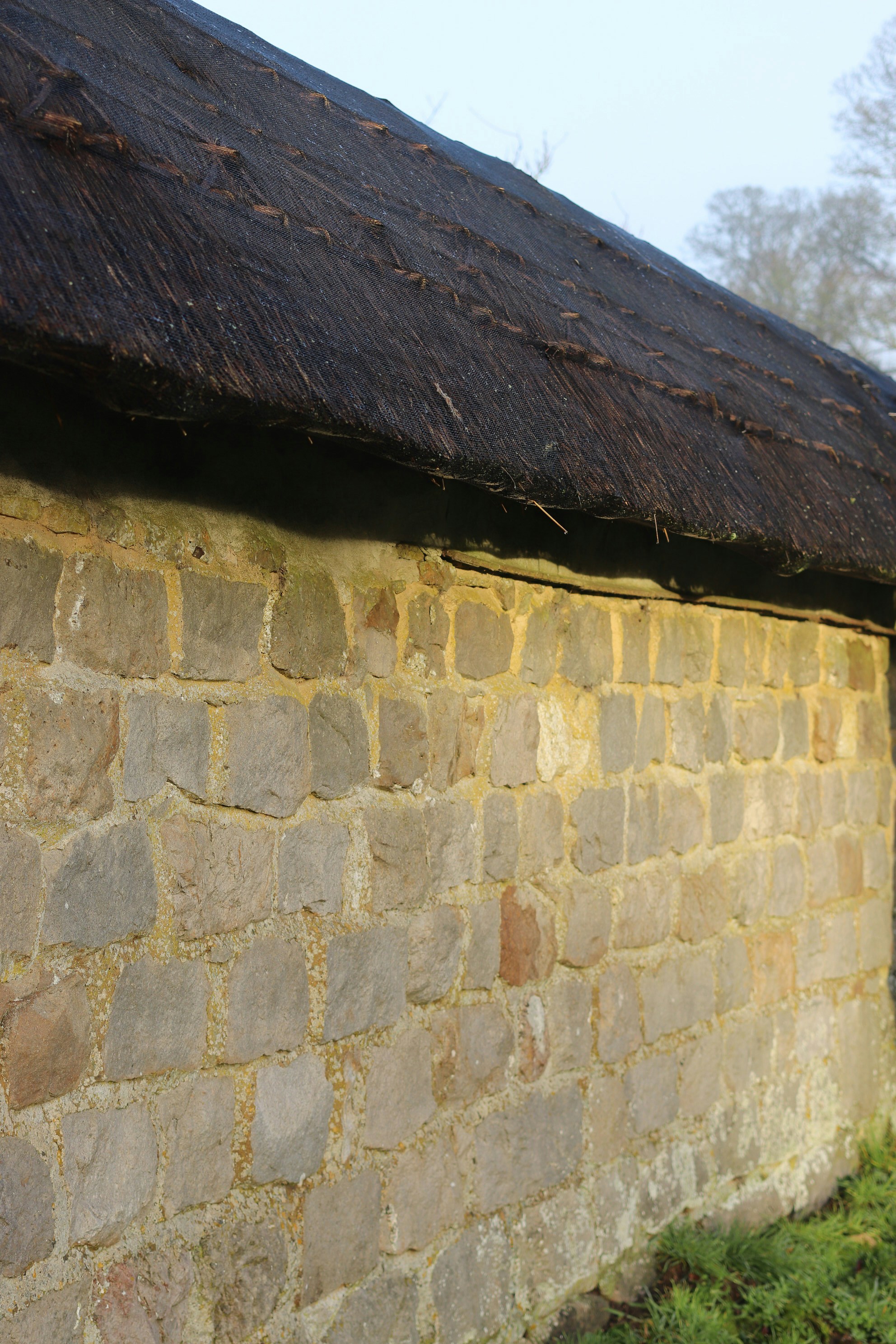 Stone wall and thatched roof of an old building