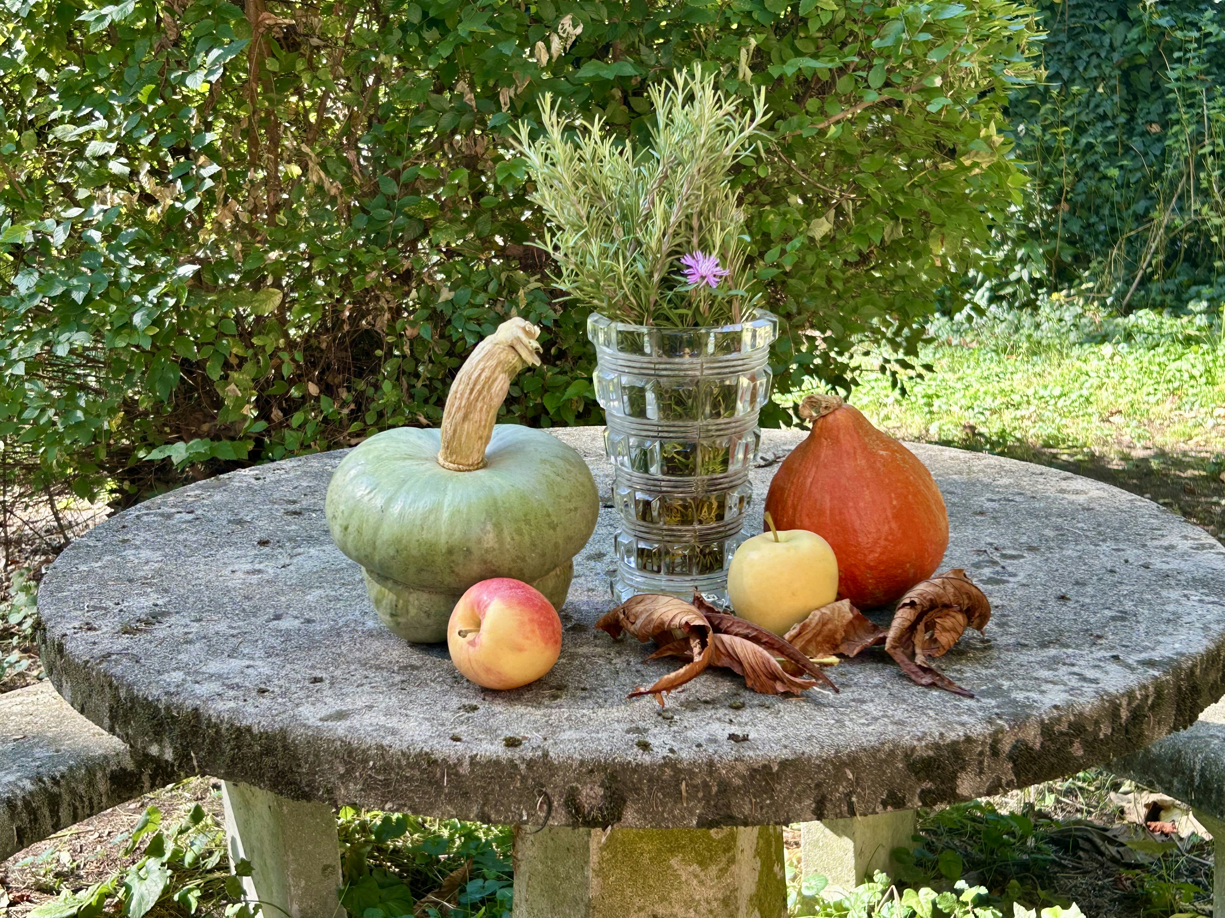Autumn harvest vegetables and fruits on a stone table.
