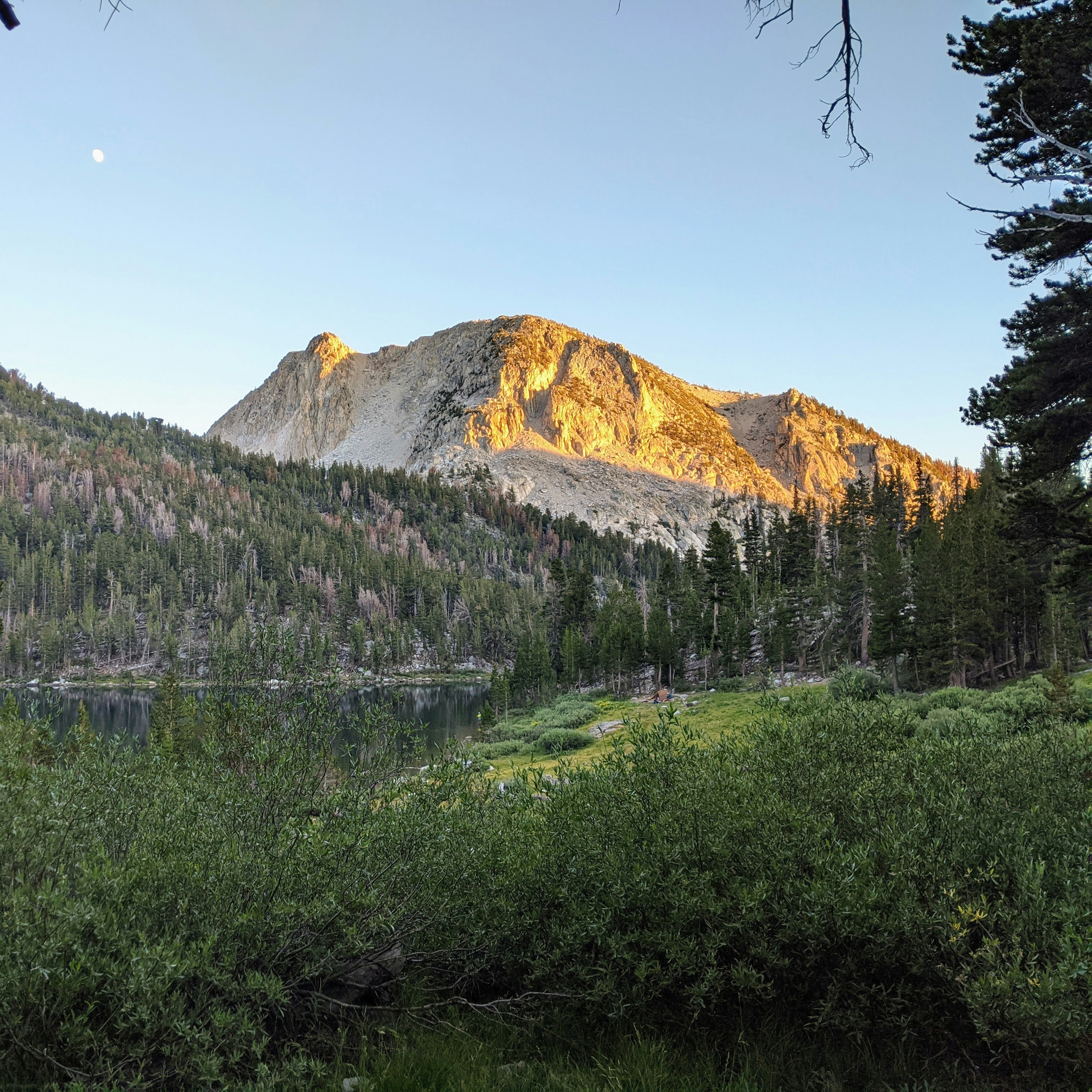 Mountain peak illuminated by golden hour sunlight