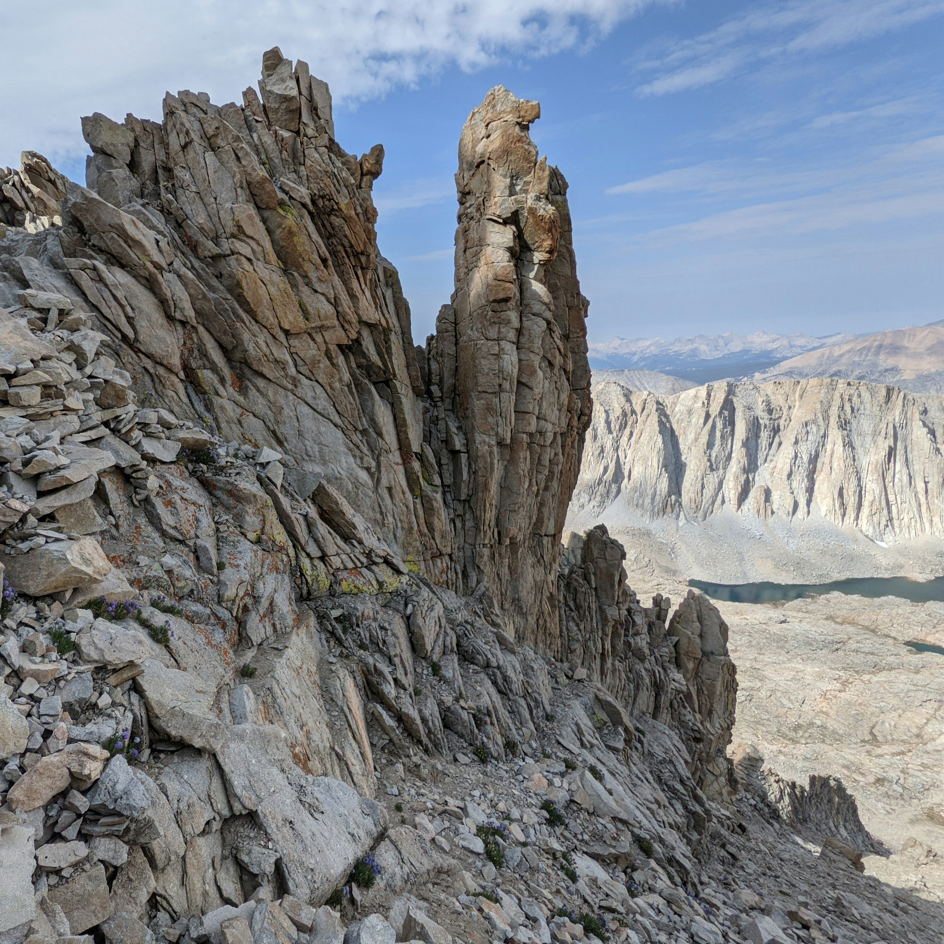 Jagged rock formations on a mountain ridge