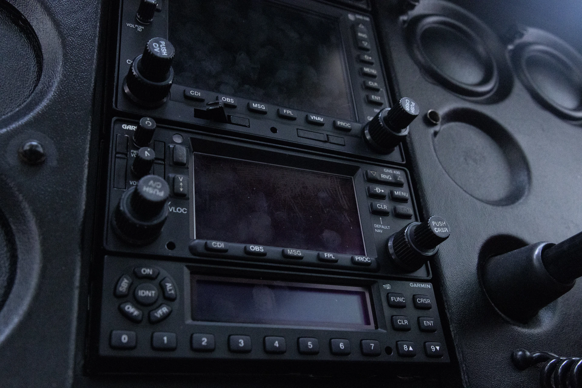 Close-up of an airplane cockpit control panel