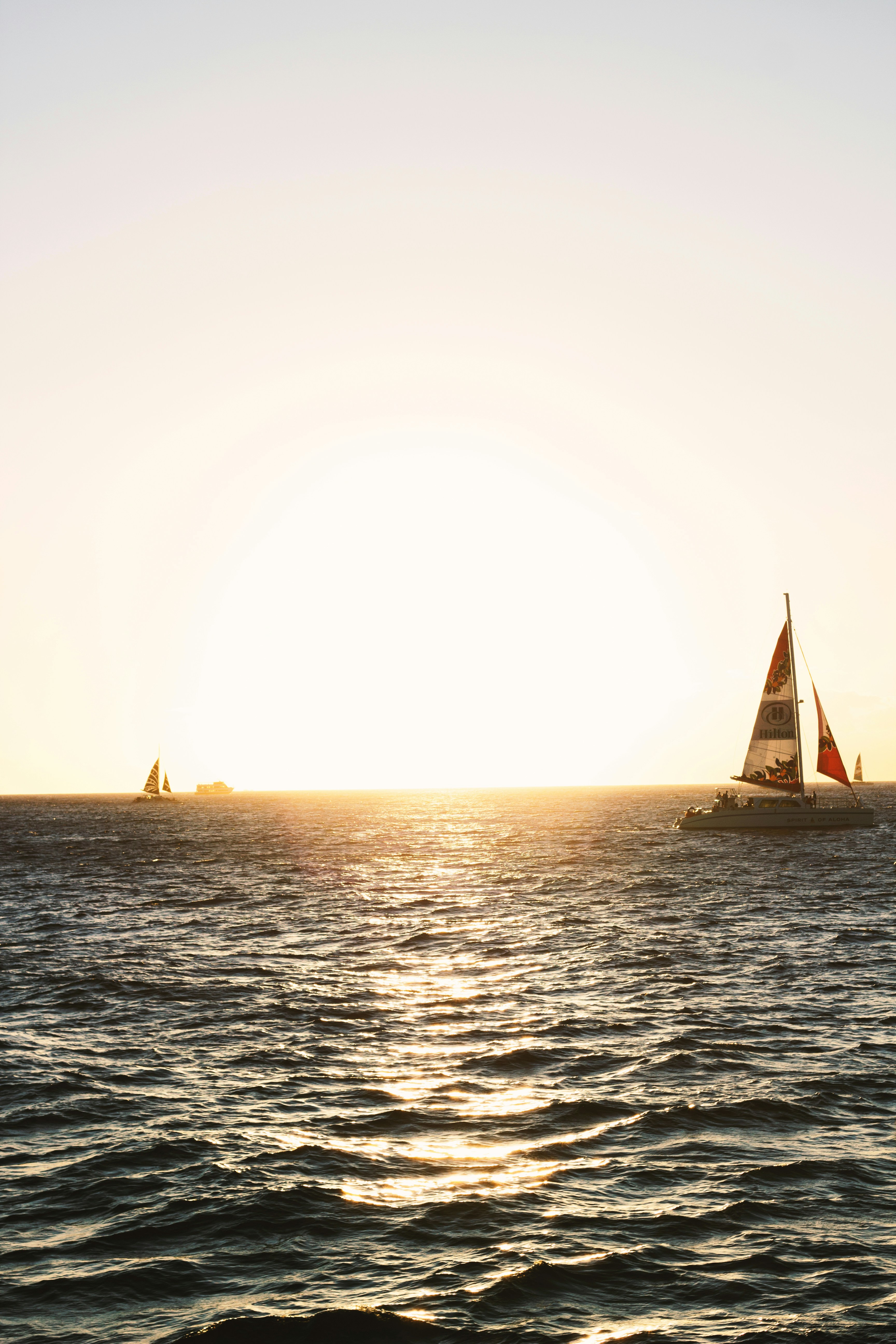 Sailboats on the ocean at sunset.