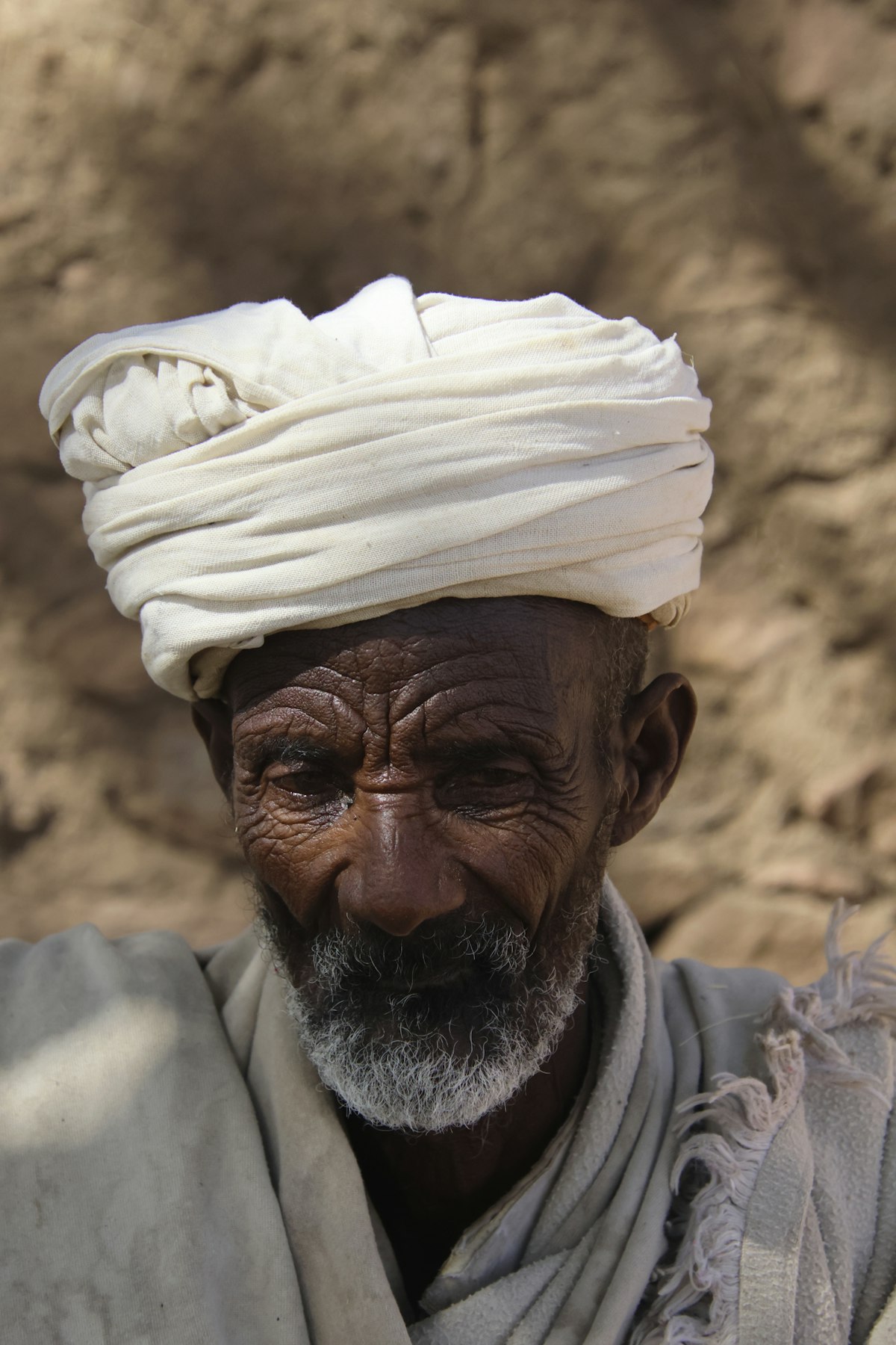 Lalibela July — Orthodox priest portrait in traditional white turban