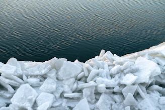 Pile of ice chunks by dark rippling water