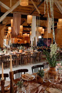 Boho-style wedding reception with rustic decor and elegant decor.