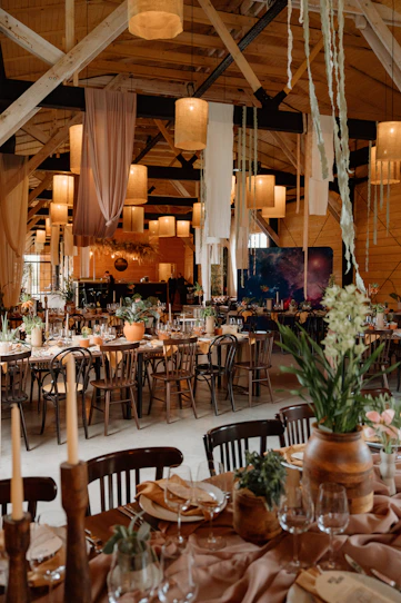 Boho-style wedding reception with rustic decor and elegant decor.