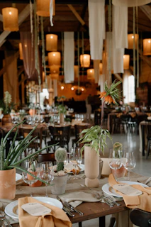 Bohemian wedding reception decor with hanging lights and plants.