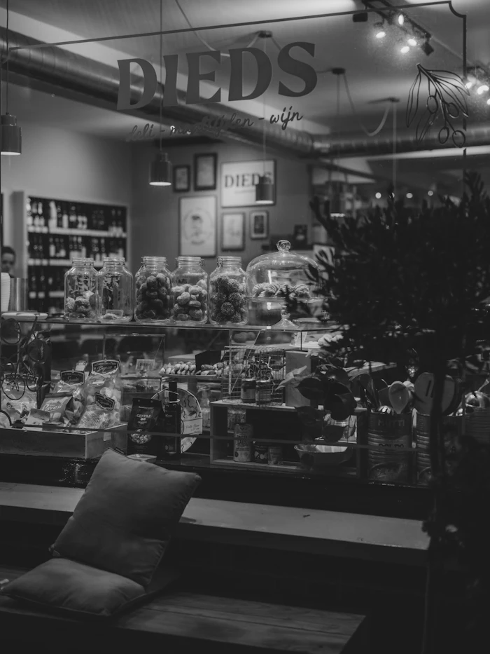 Café counter with pastry display cases