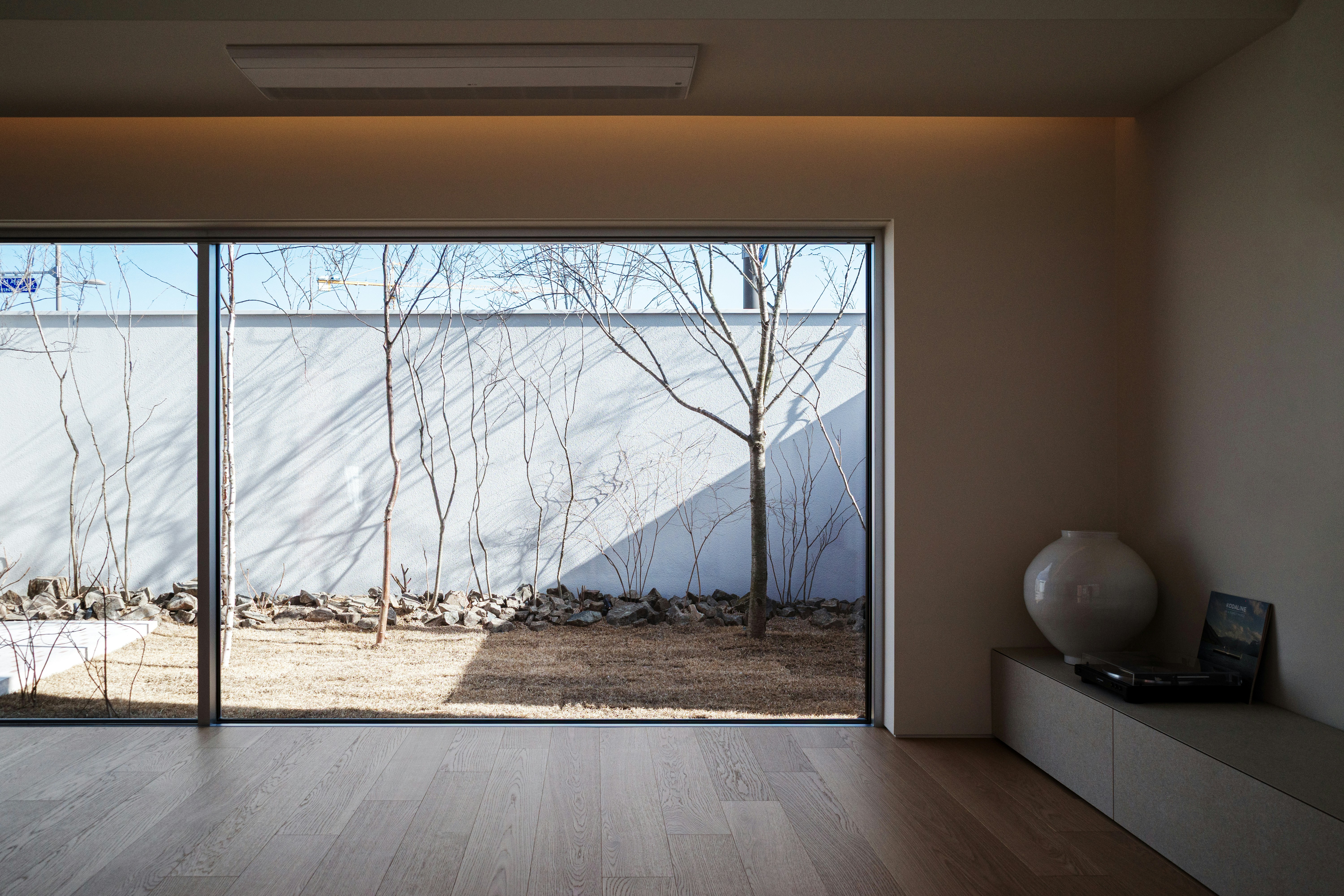 Modern room with large window overlooking a bare tree courtyard