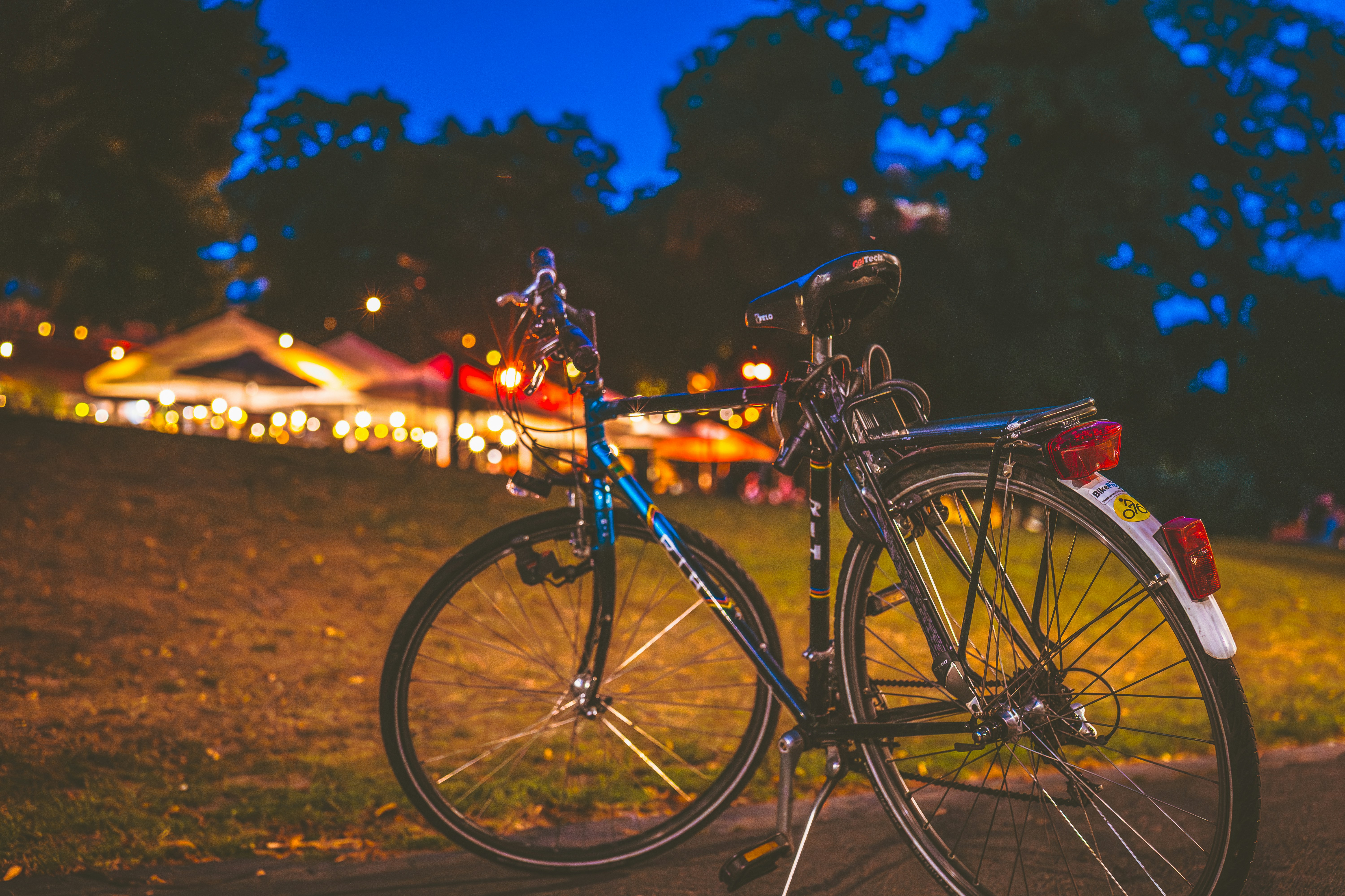 Bicycle parked on grassy hill at dusk
