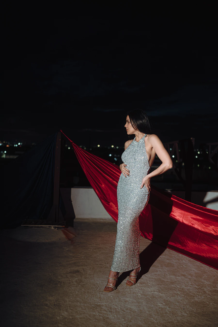 Woman in a sparkling silver evening gown