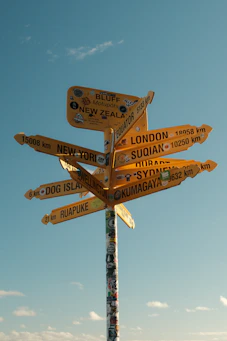 Yellow directional signpost with global destinations and local destinations