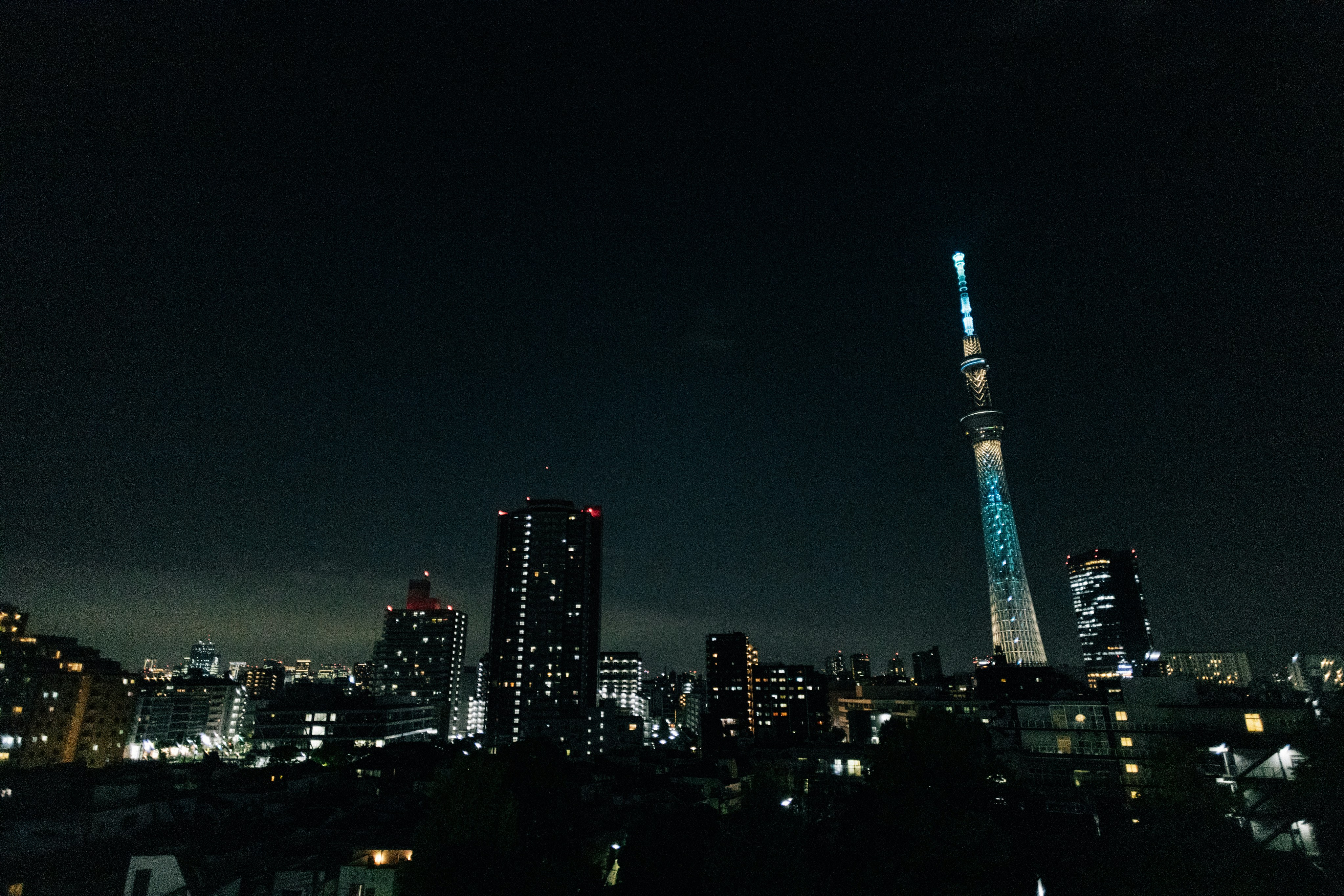 Cityscape with illuminated tokyo skytree at night.