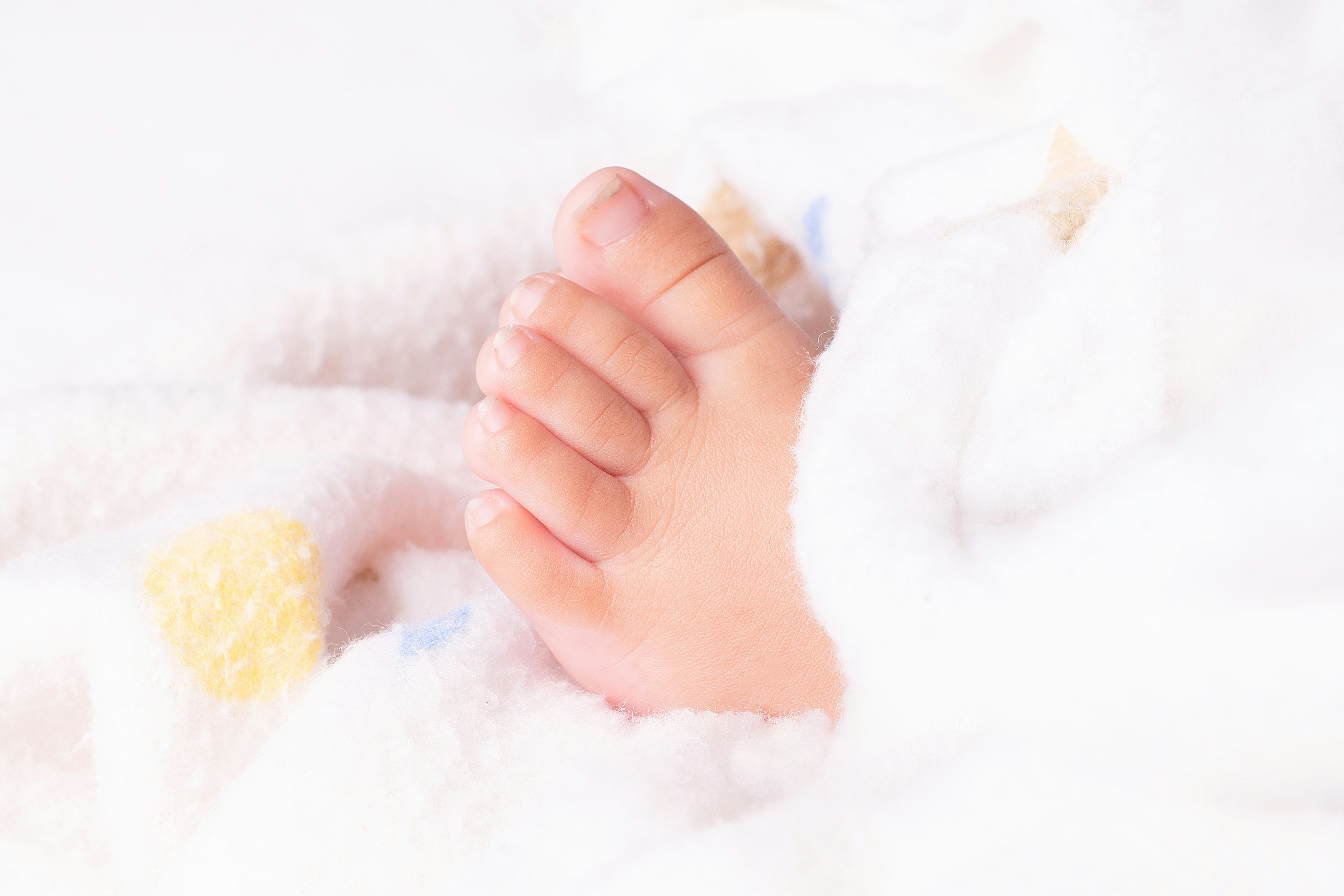 Close-up of a newborn baby's tiny foot