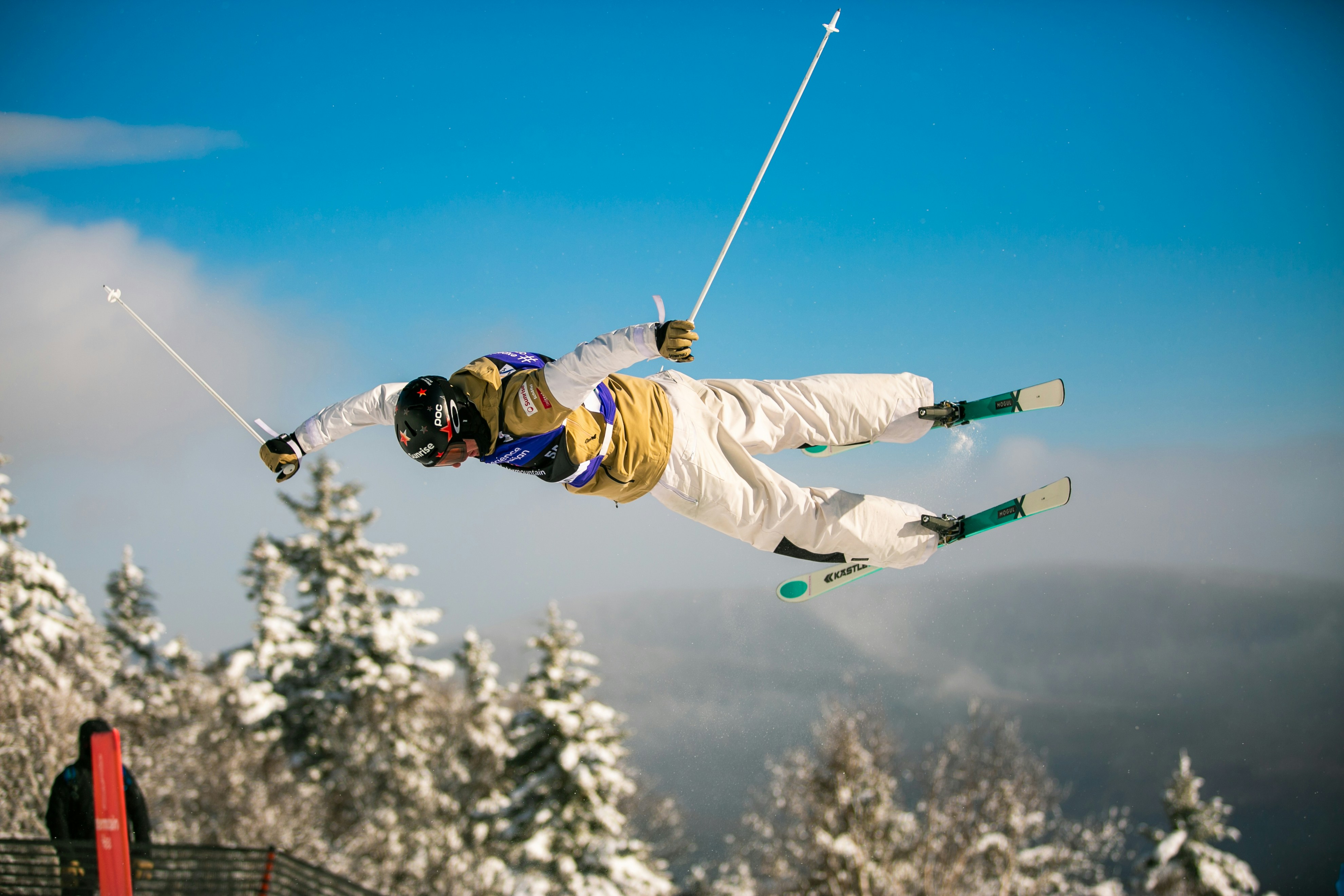 A skier performs a trick mid-air over snowy trees.