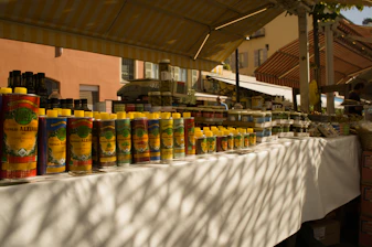 Specialty food market displaying gourmet products and packaged goods