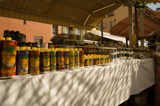 Specialty food market displaying gourmet products and packaged goods