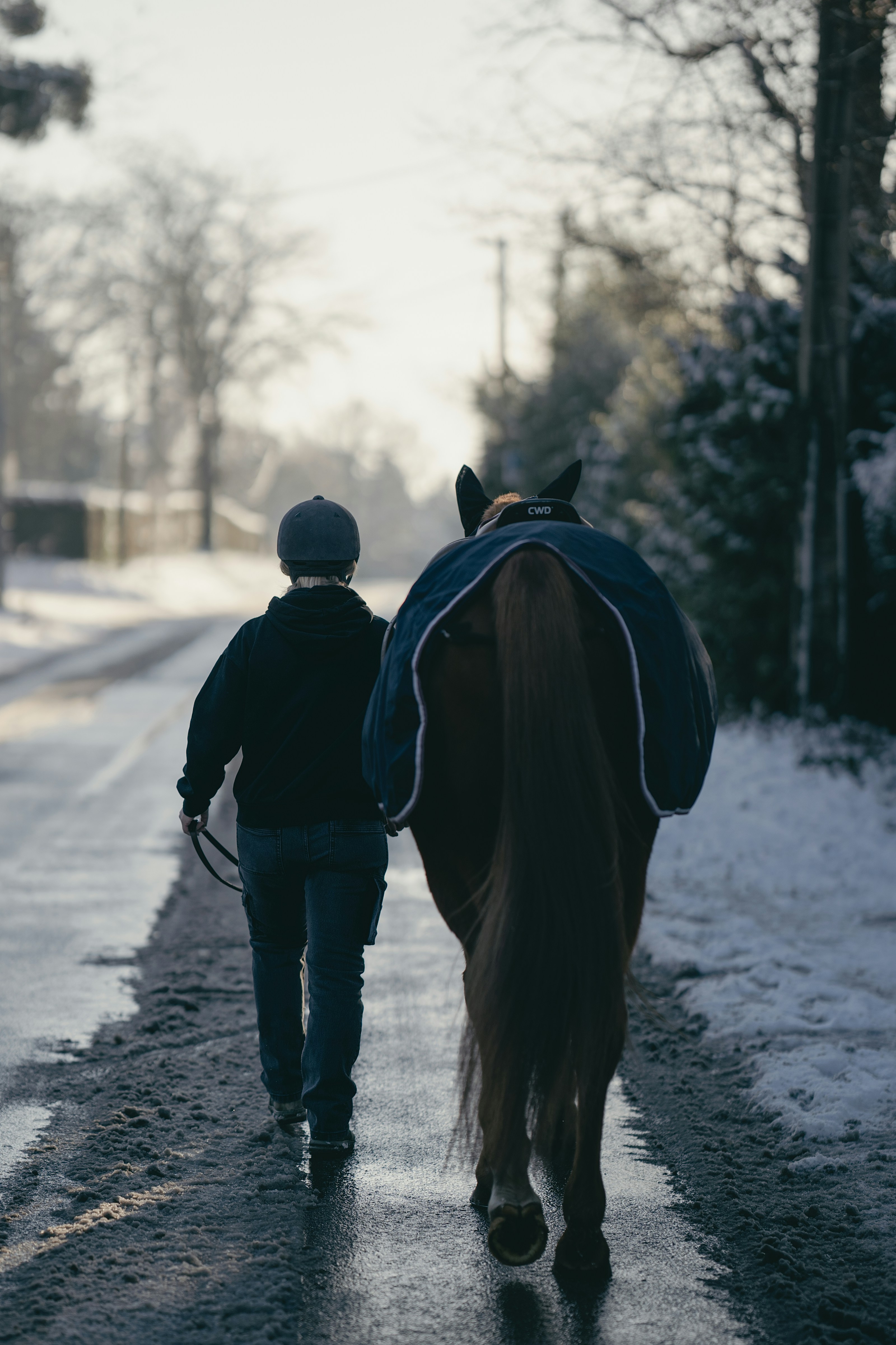 Person walks horse down snowy road at sunrise.