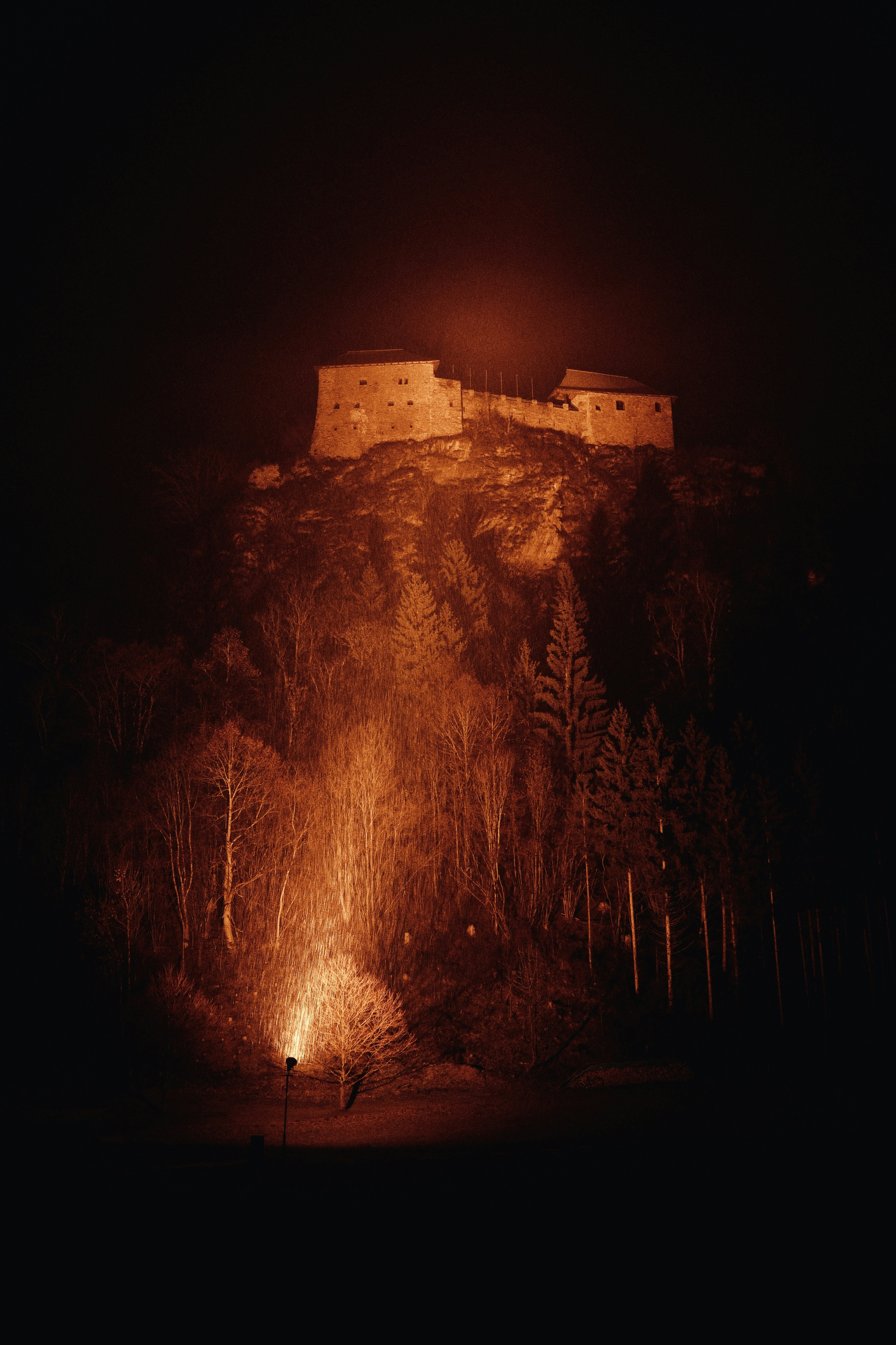 Castle ruins illuminated at night with forest fire below