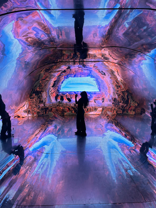 Person silhouetted in a colorful, abstract digital art installation