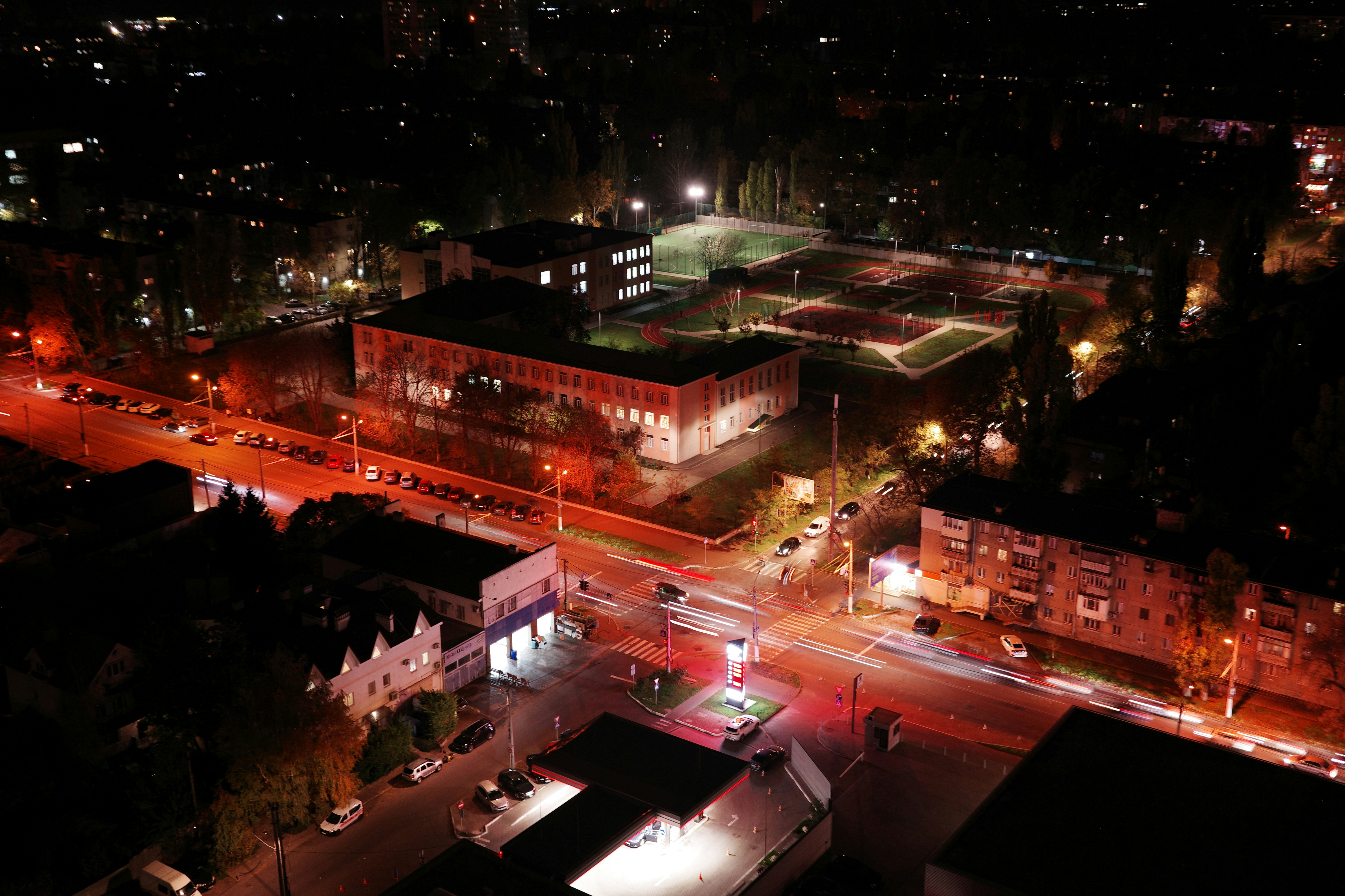 Aerial view of a city street at night