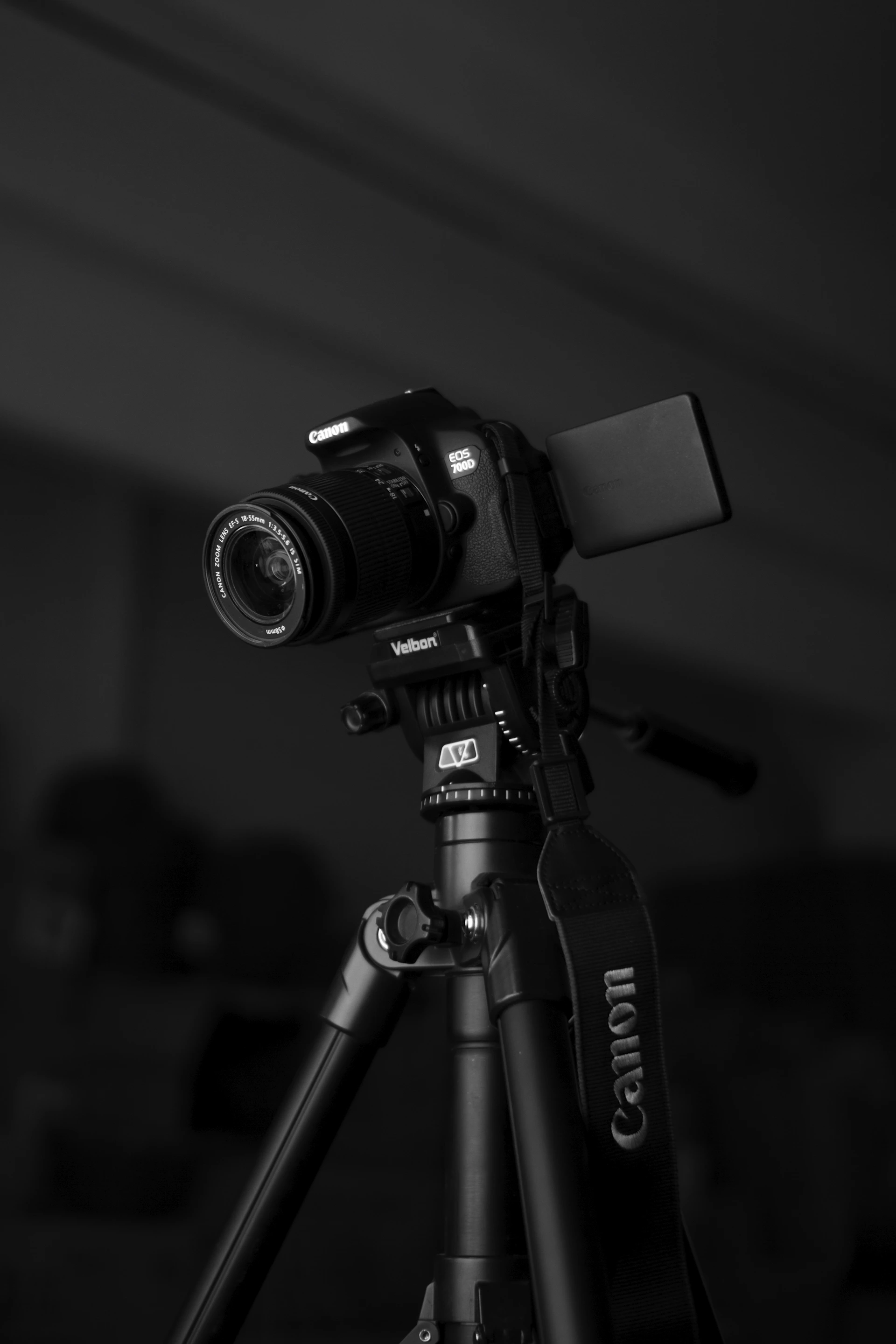 Black and white dslr camera on a tripod