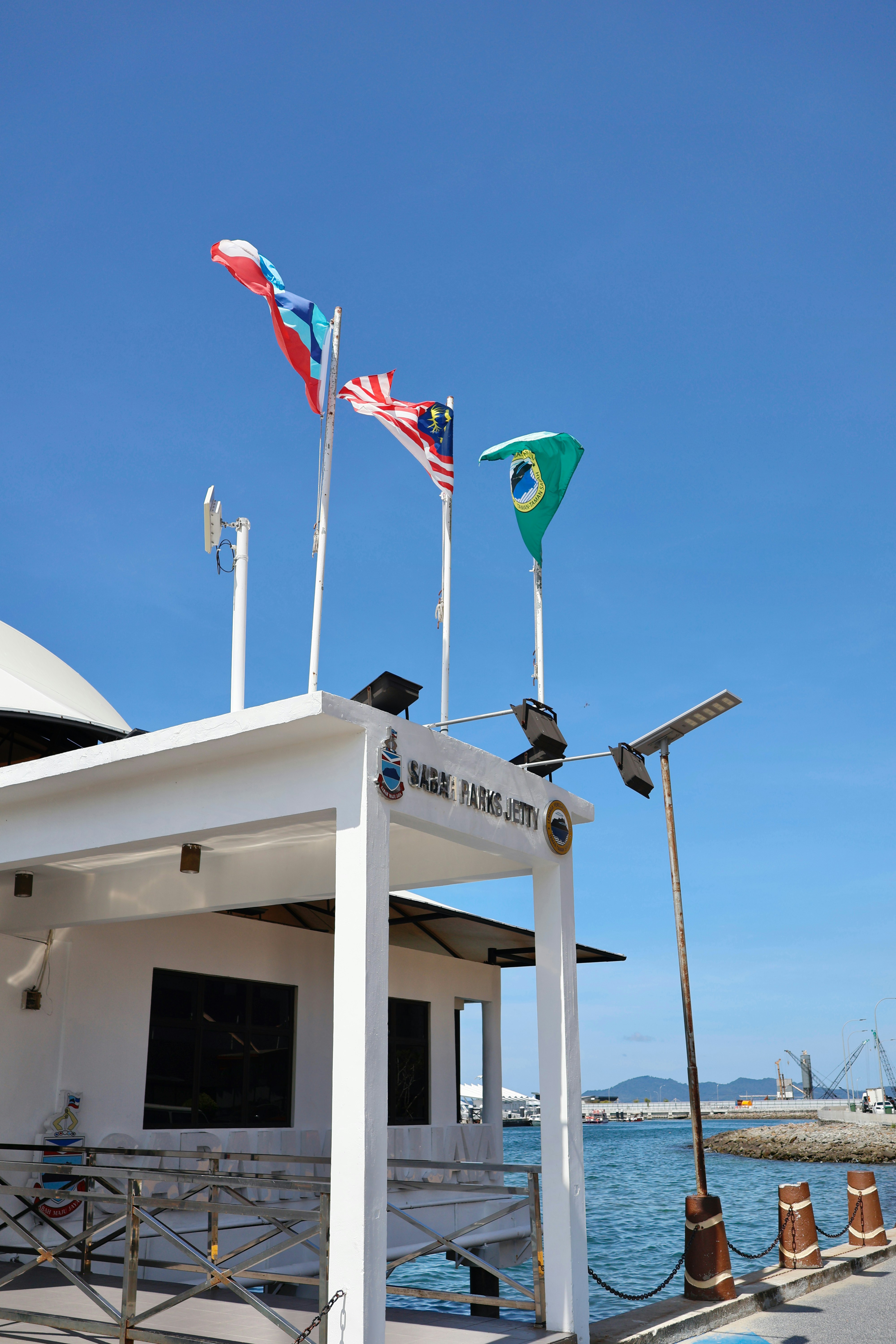 Flags of different countries flying on a building