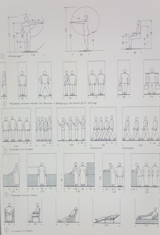 Architectural diagrams of human figures in various poses