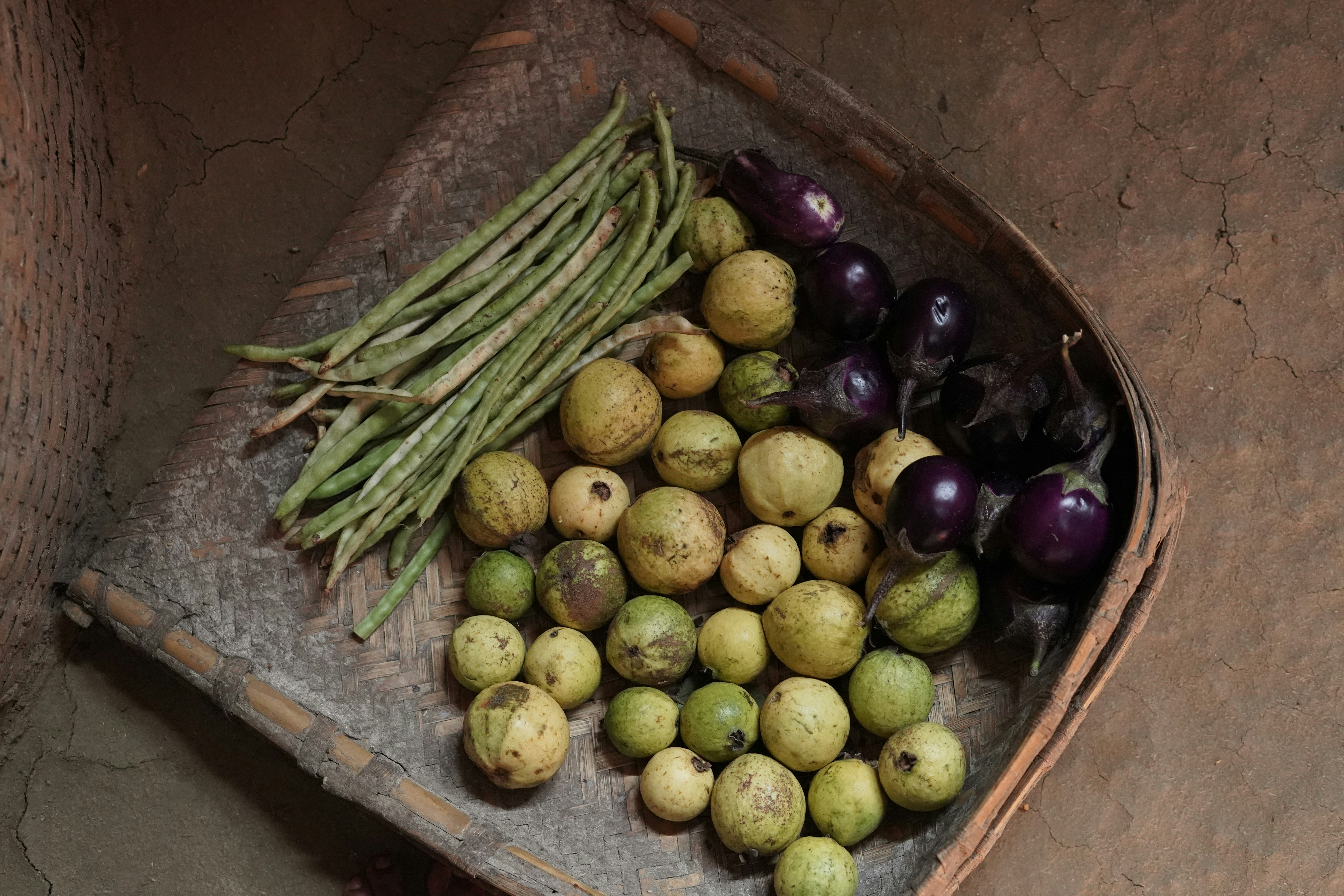 Basket of fresh vegetables including beans, limes, and eggplants.