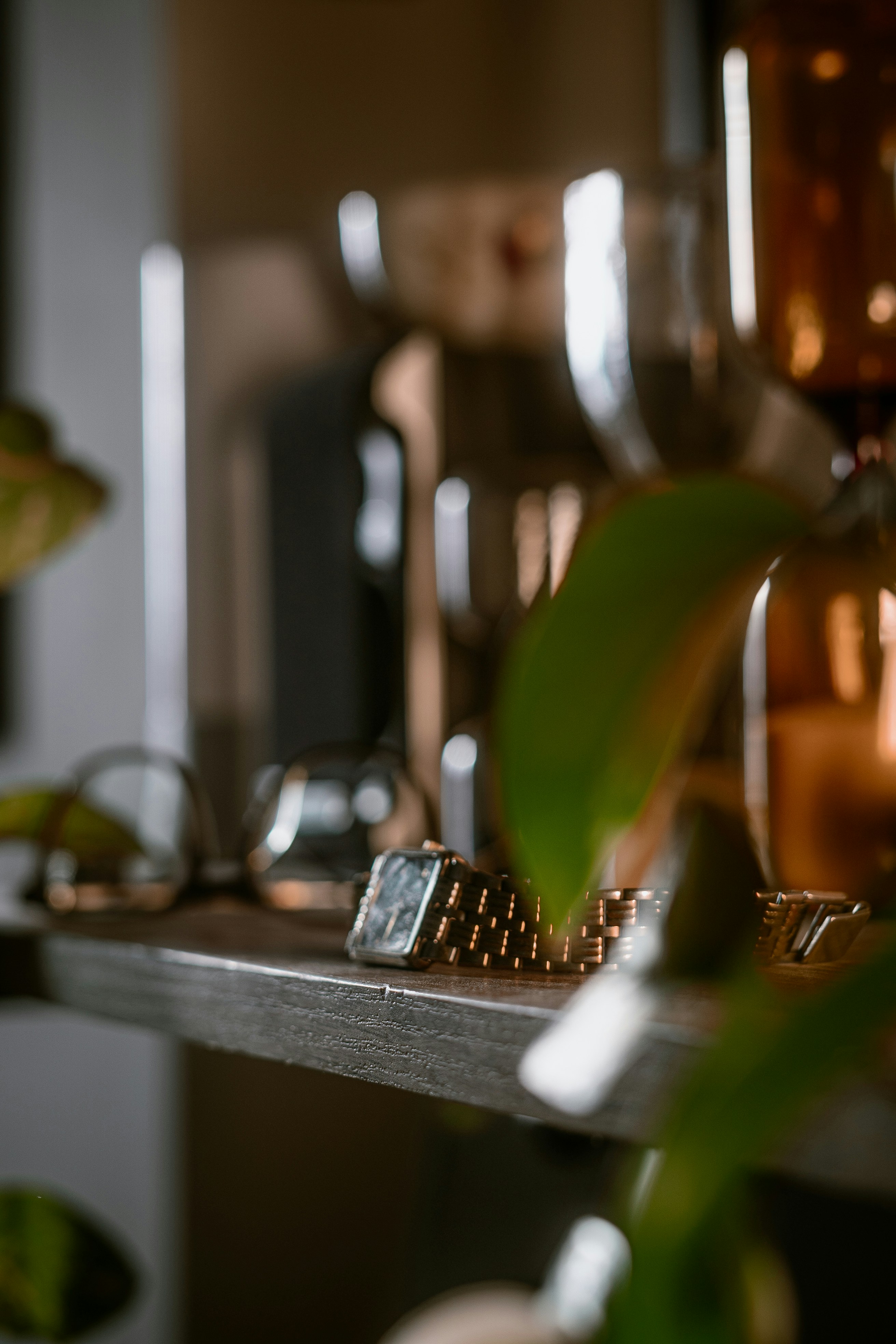 A gold watch rests on a shelf with plants.
