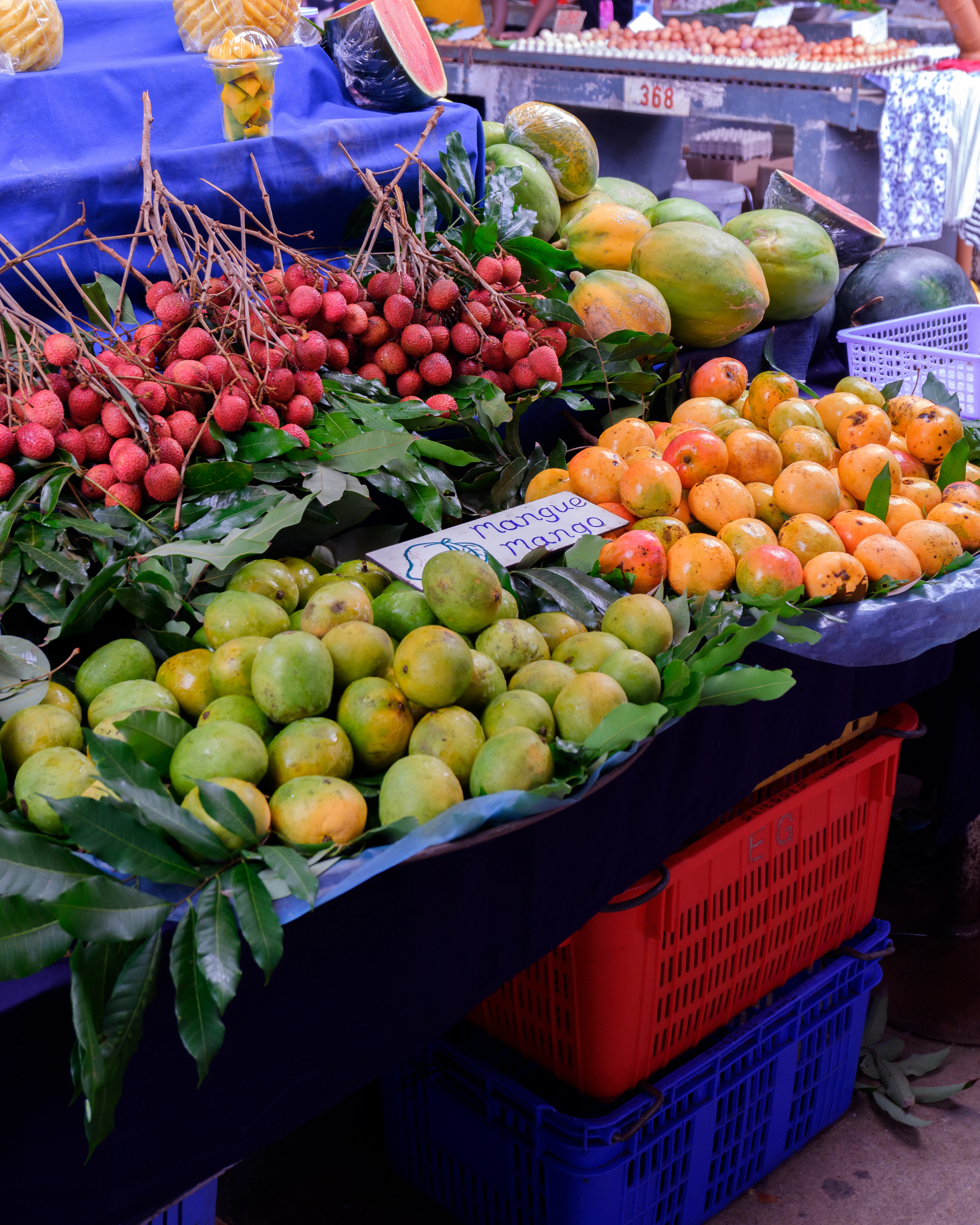 Lychees and tropical fruit on a market stall in Mauritius