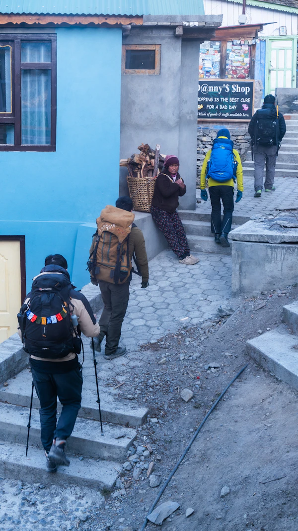 Team ascending stone steps Nepal