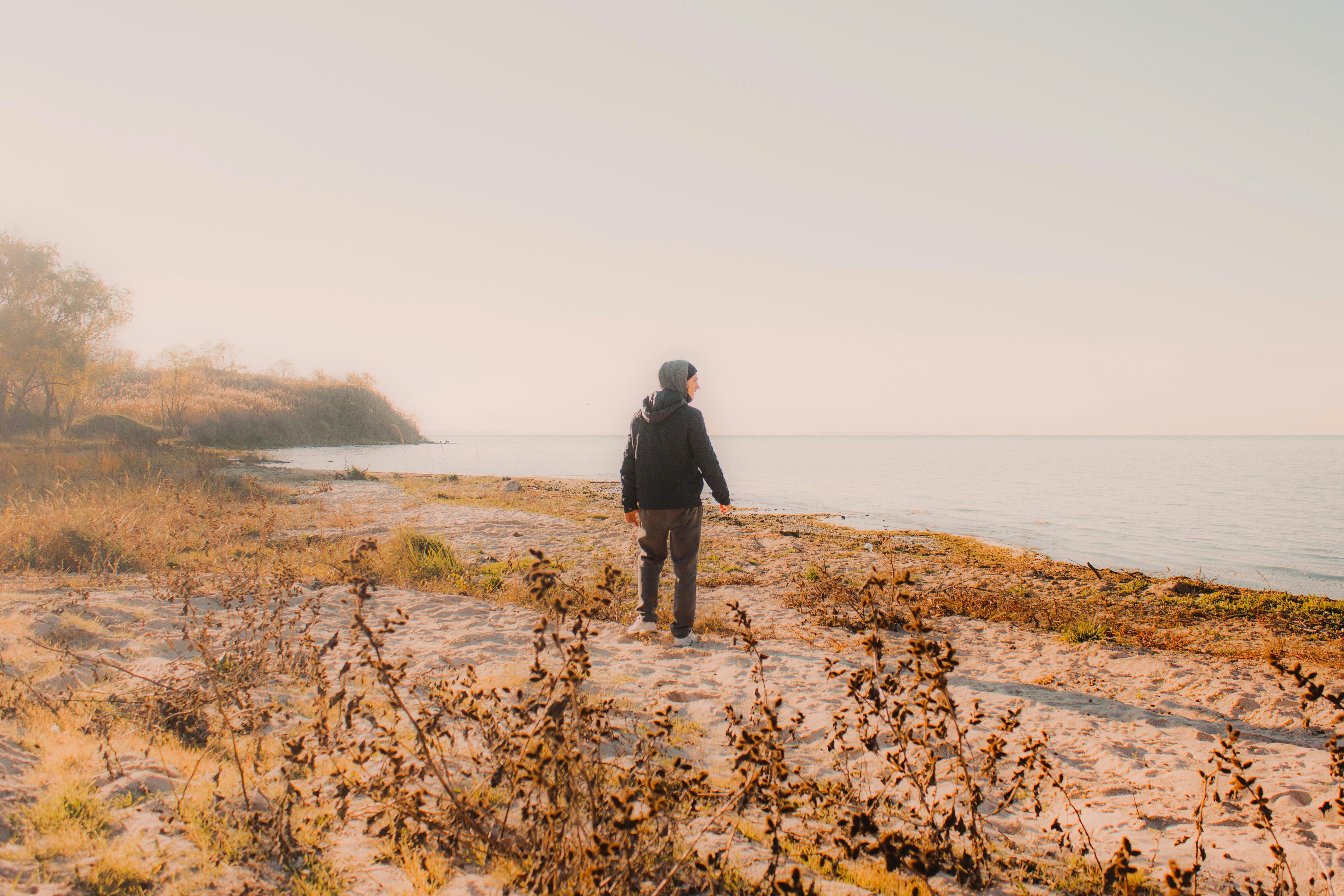 Person walking along a sandy shore with calm water.