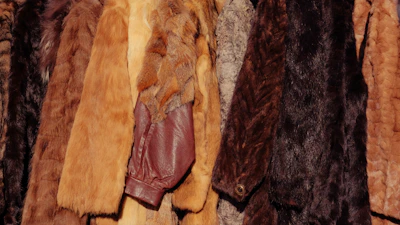 A collection of various fur coats hanging together.