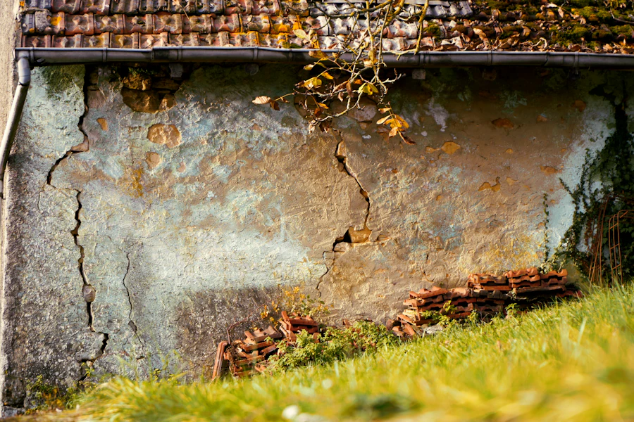 Deteriorating building exterior showing structural issues