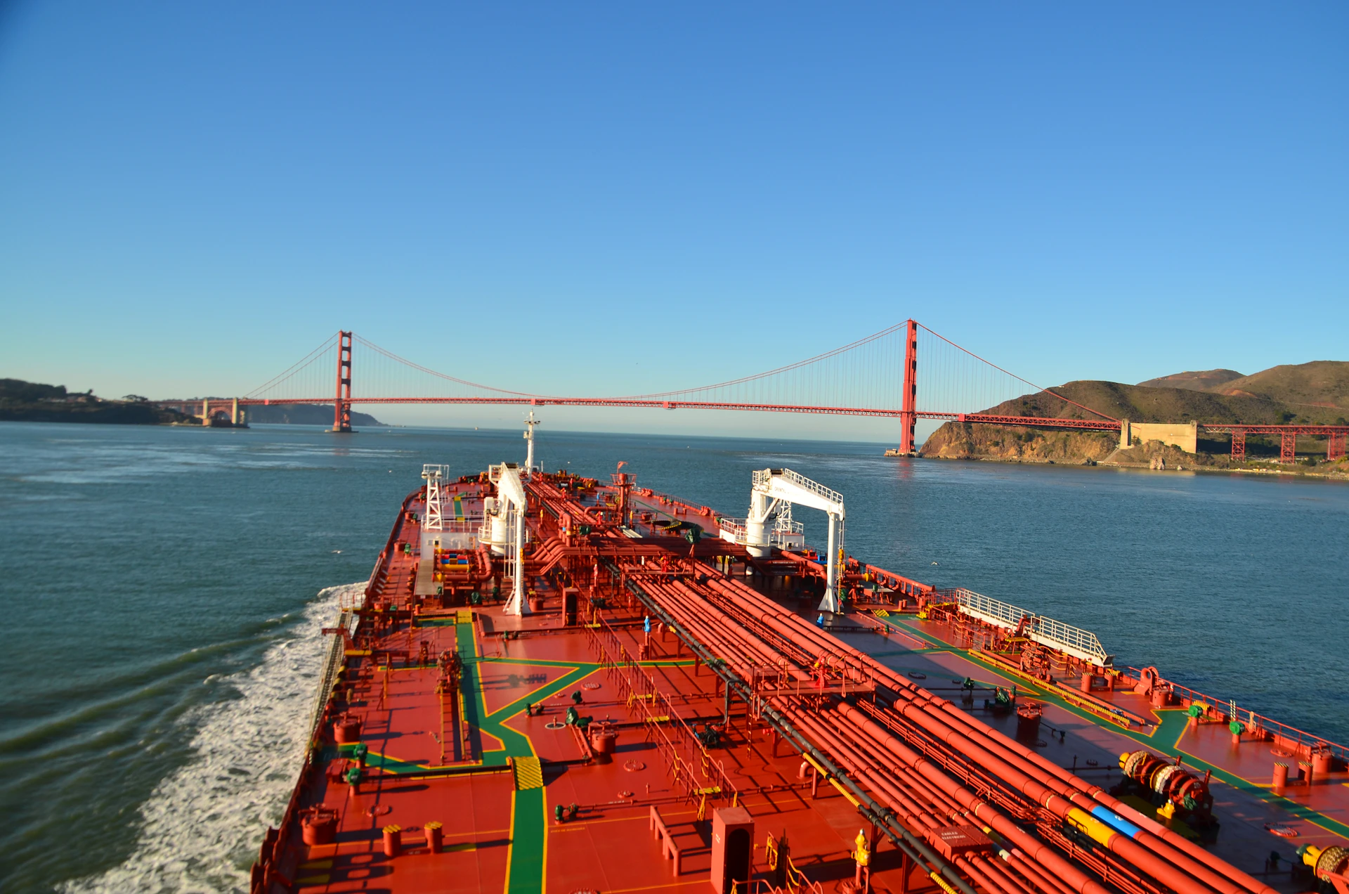 Tanker ship sailing towards golden gate bridge