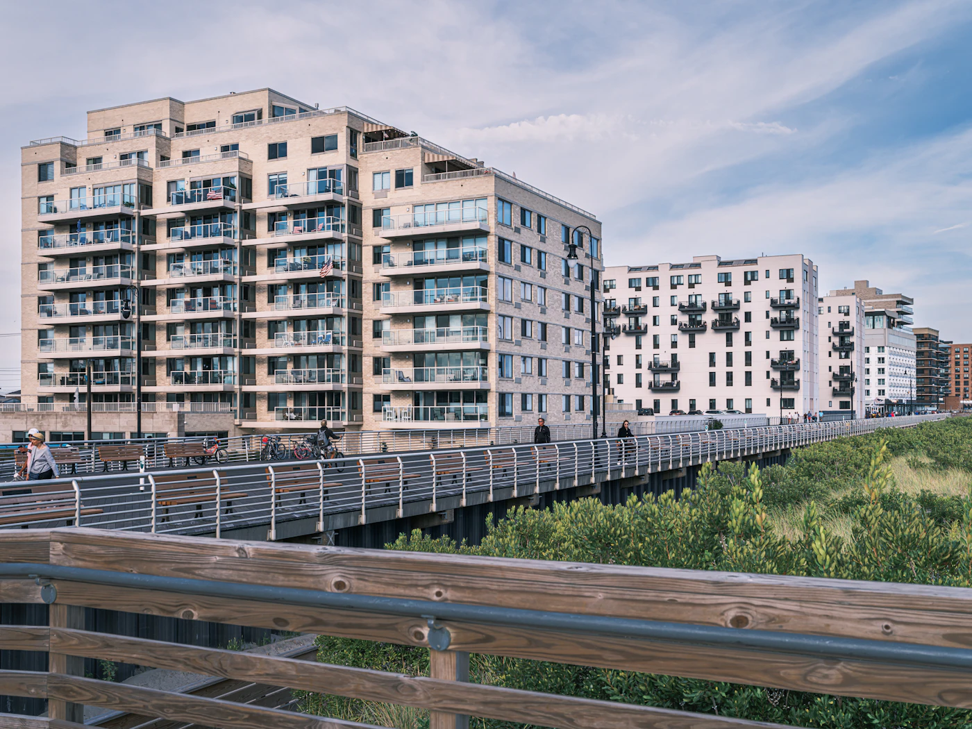 Apartment buildings along the waterfront in Long Beach, NY