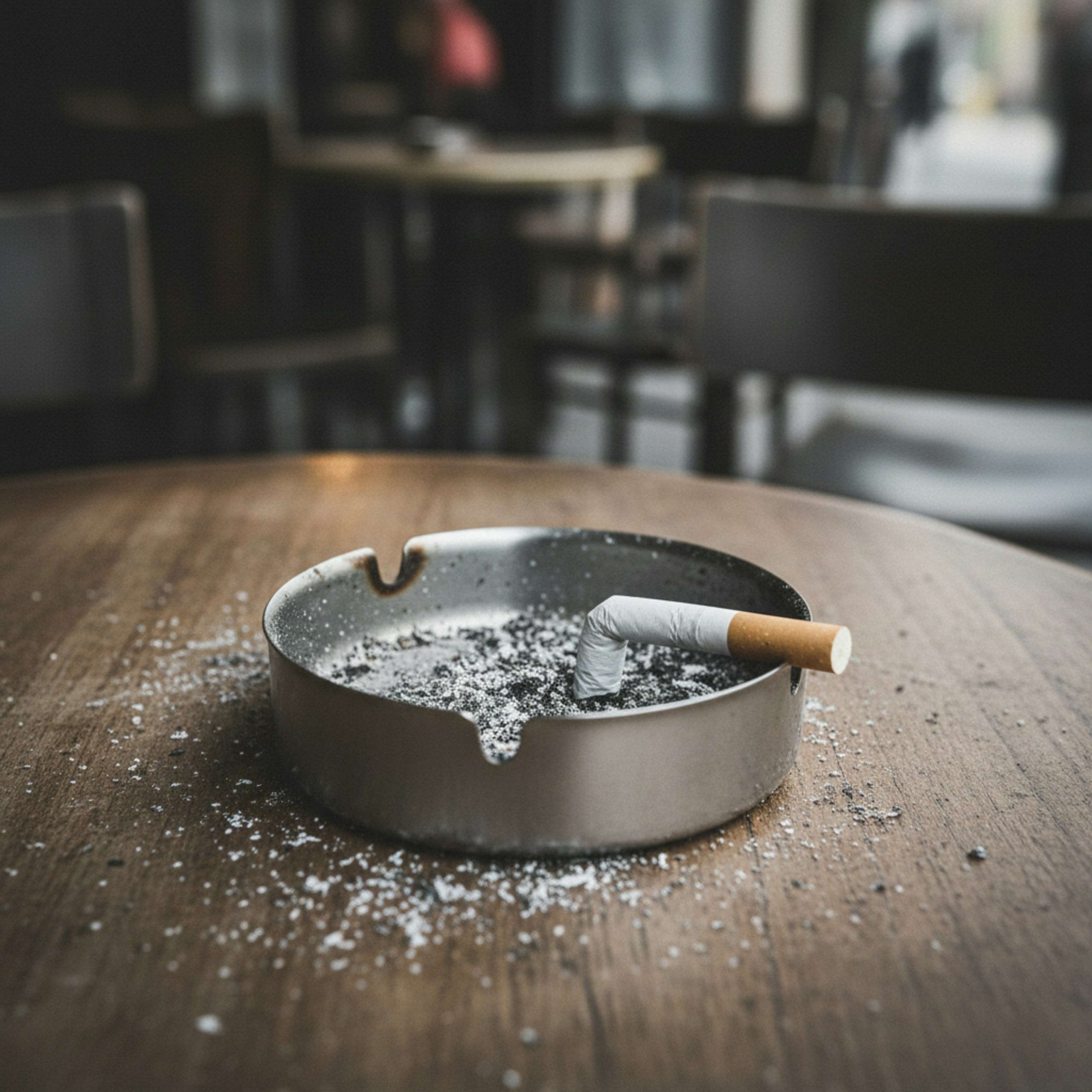 Cigarette butt in an ashtray on a wooden table.